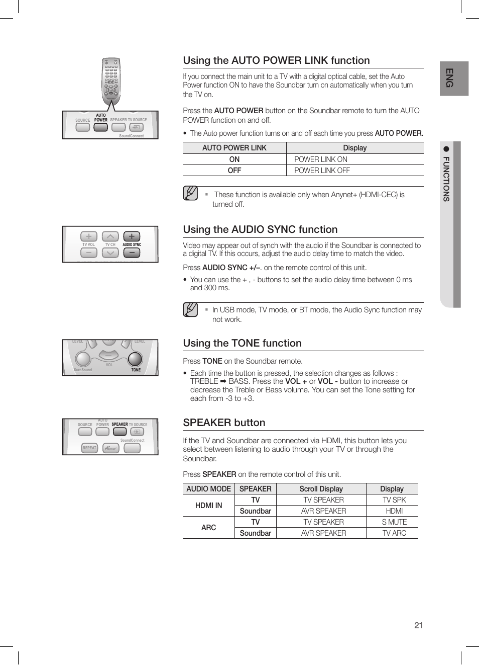 Using the auto power link function, Using the audio sync function, Using  the tone function | Samsung HW-H550-ZA User Manual | Page 21 / 26