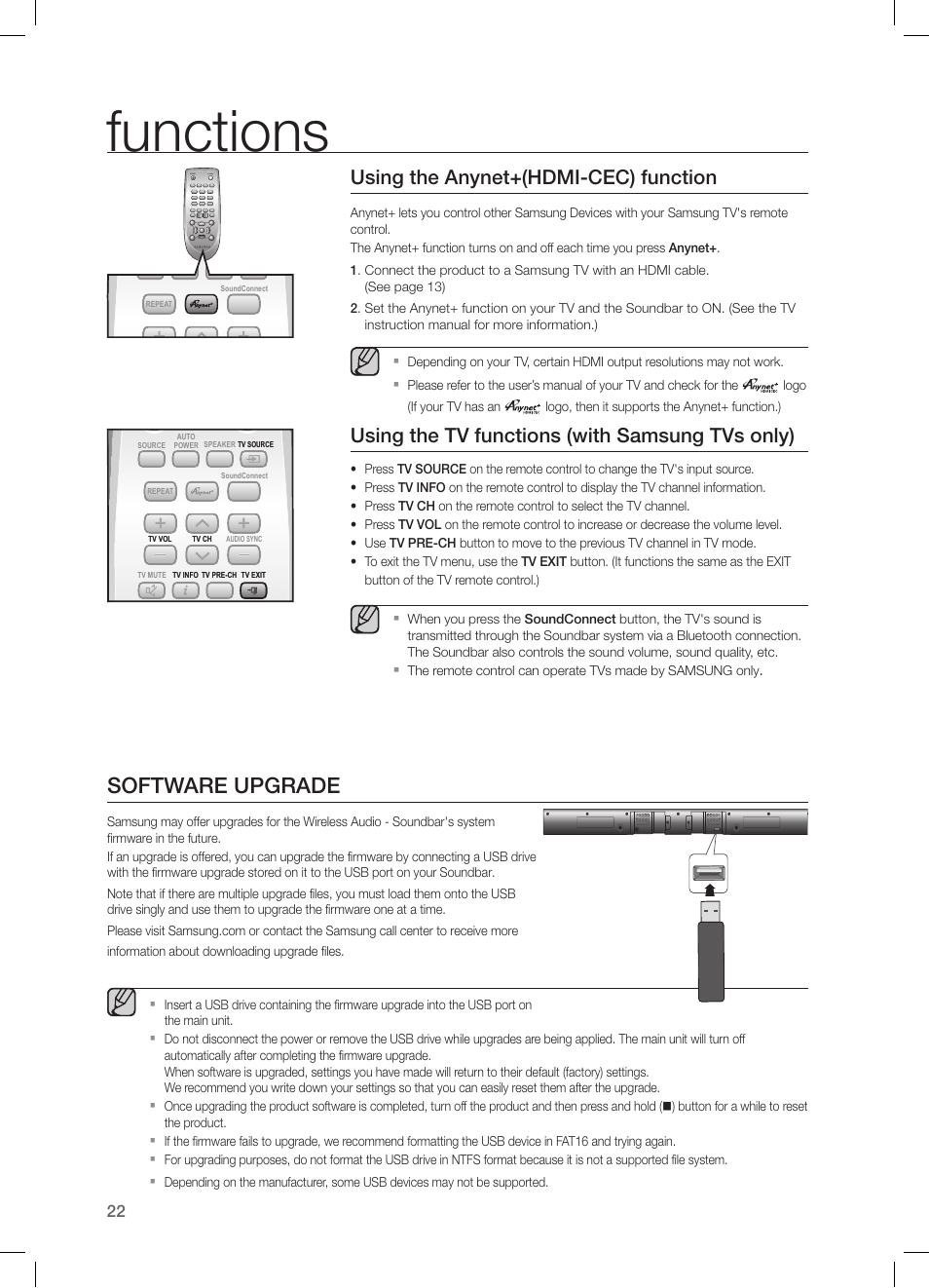 Software upgrade, Functions, Using the anynet+(hdmi-cec) function | Samsung  HW-H550-ZA User Manual | Page 22 / 26 | Original mode
