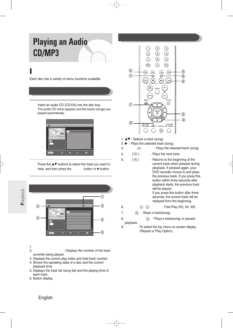 Playing an audio cd/mp3, Playing an audio cd (cd-da)/mp3, Buttons on the  remote control used for cd playback | Samsung DVD-R129-XAA User Manual |  Page 64 / 98 | Original mode