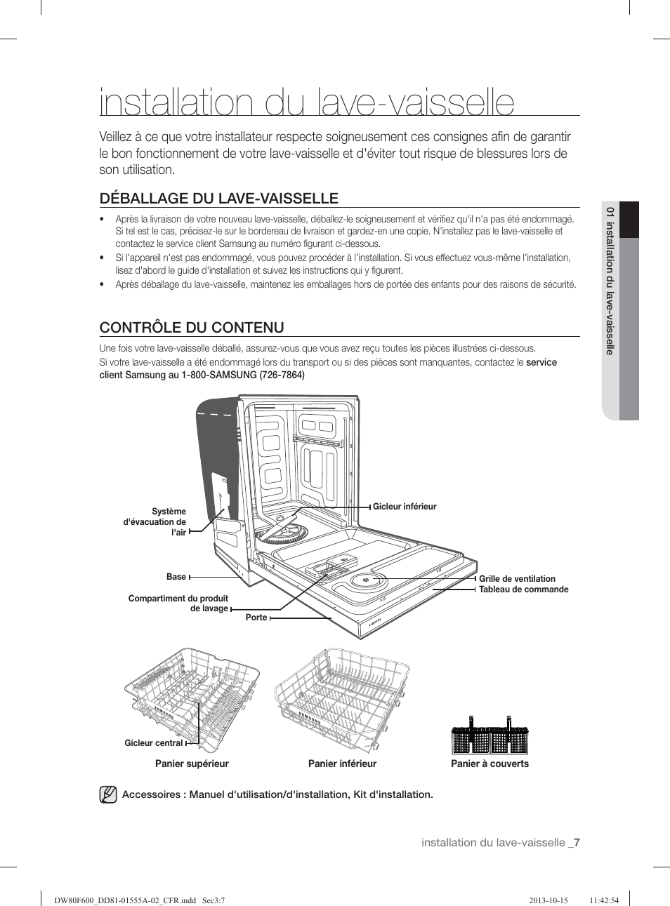 Installation du lave-vaisselle, Déballage du lave-vaisselle, Contrôle du  contenu | Samsung DW80F600UTB-AA User Manual | Page 71 / 96