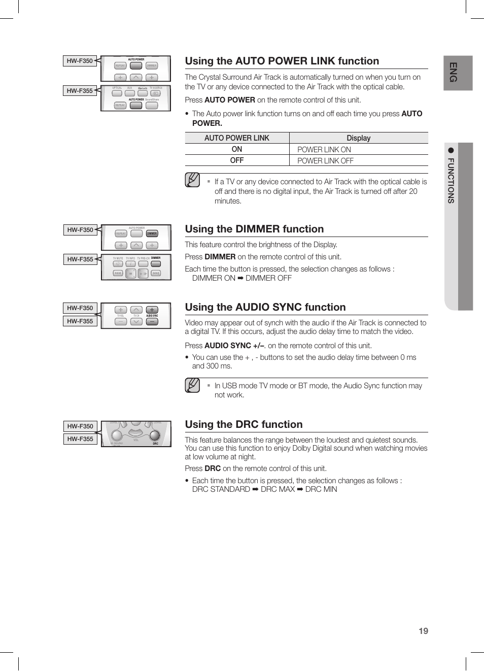 Using the auto power link function, Using the dimmer function, Using the  audio sync function | Samsung HW-F355-ZA User Manual | Page 19 / 24 |  Original mode