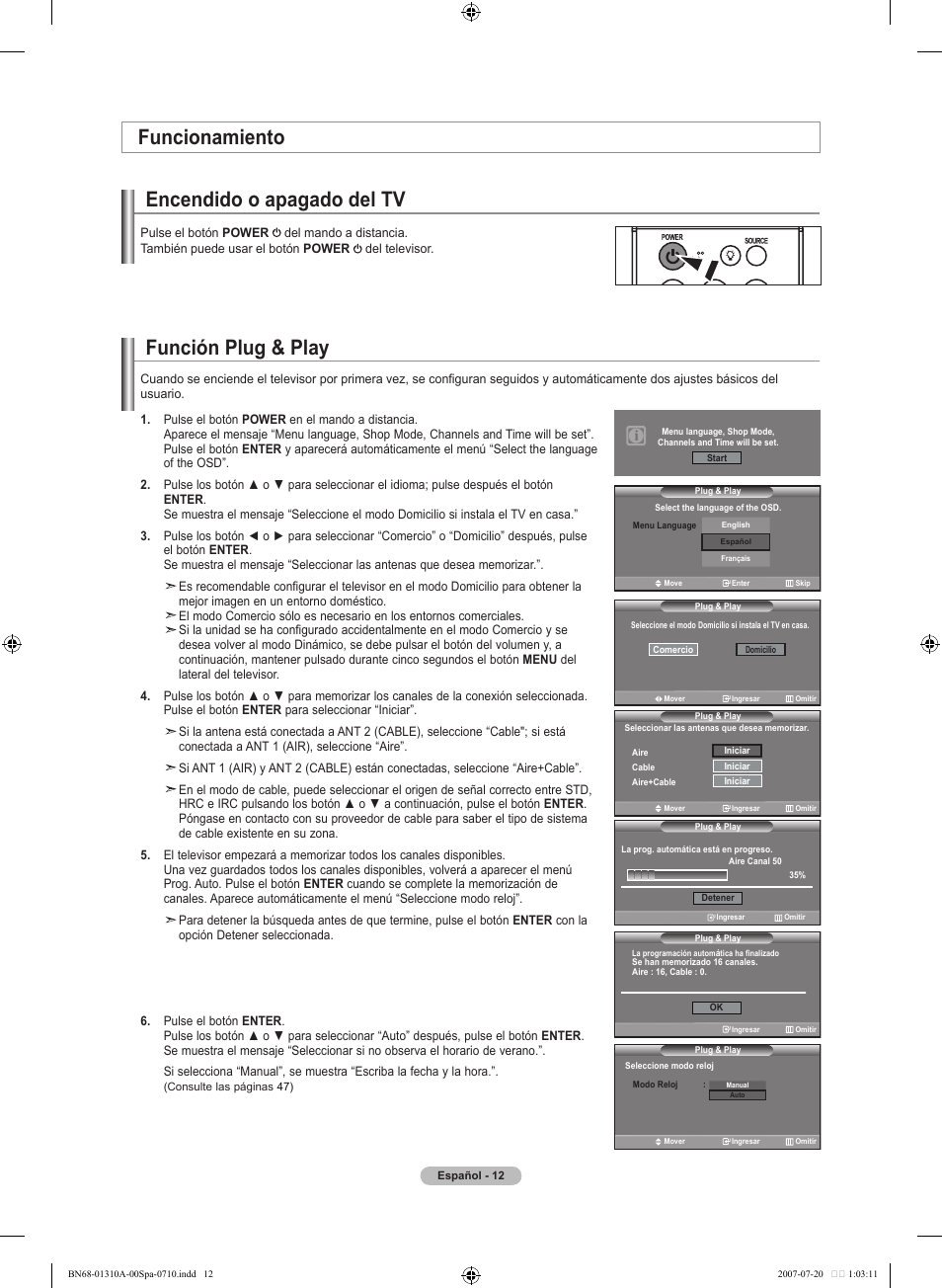 Función plug & play, Encendido o apagado del tv, Funcionamiento | Samsung  LNT4671FX-XAA User Manual | Page 198 / 277 | Original mode