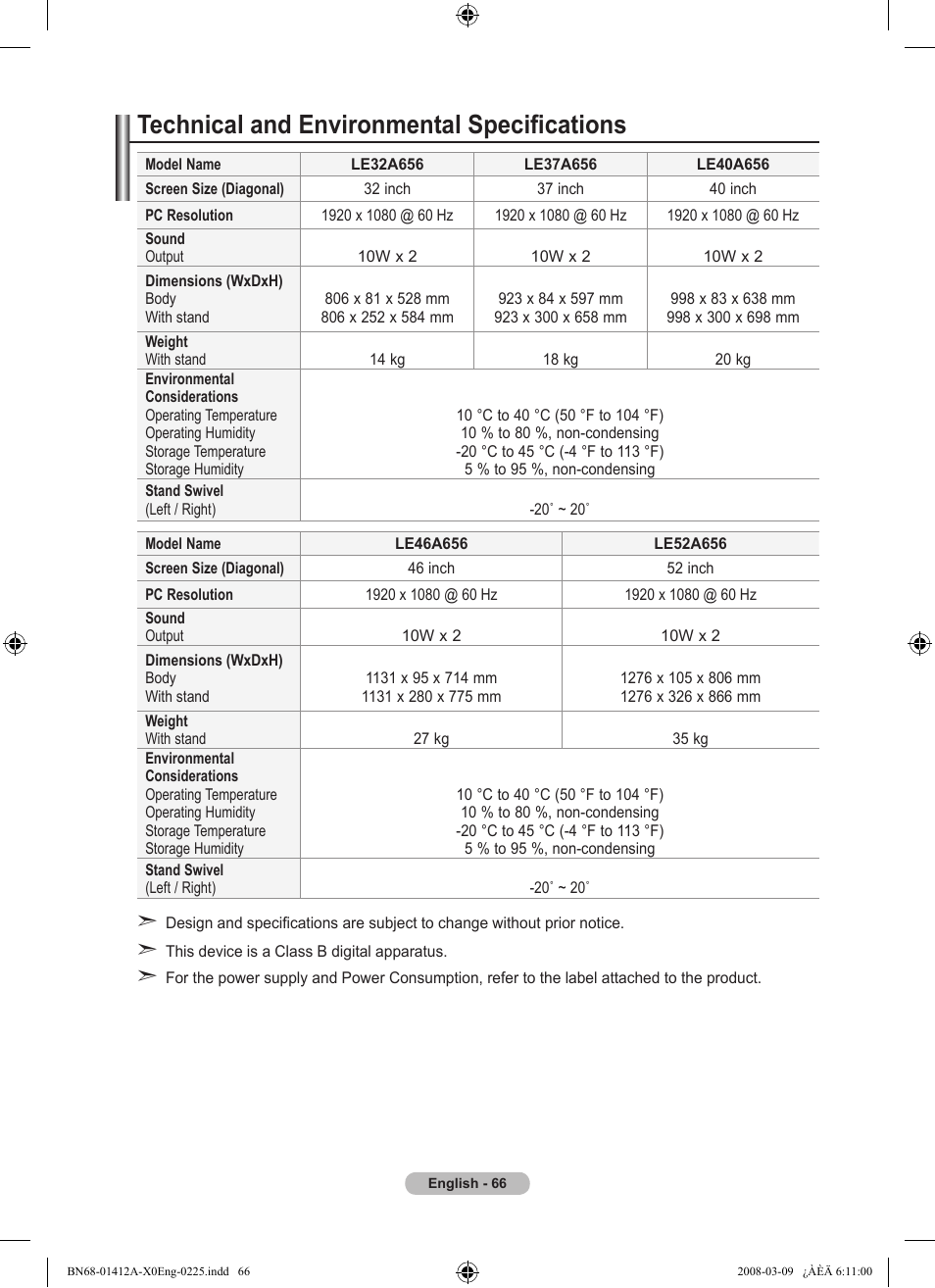 Technical and environmental specifications | Samsung LE37A656A1F User Manual  | Page 68 / 546