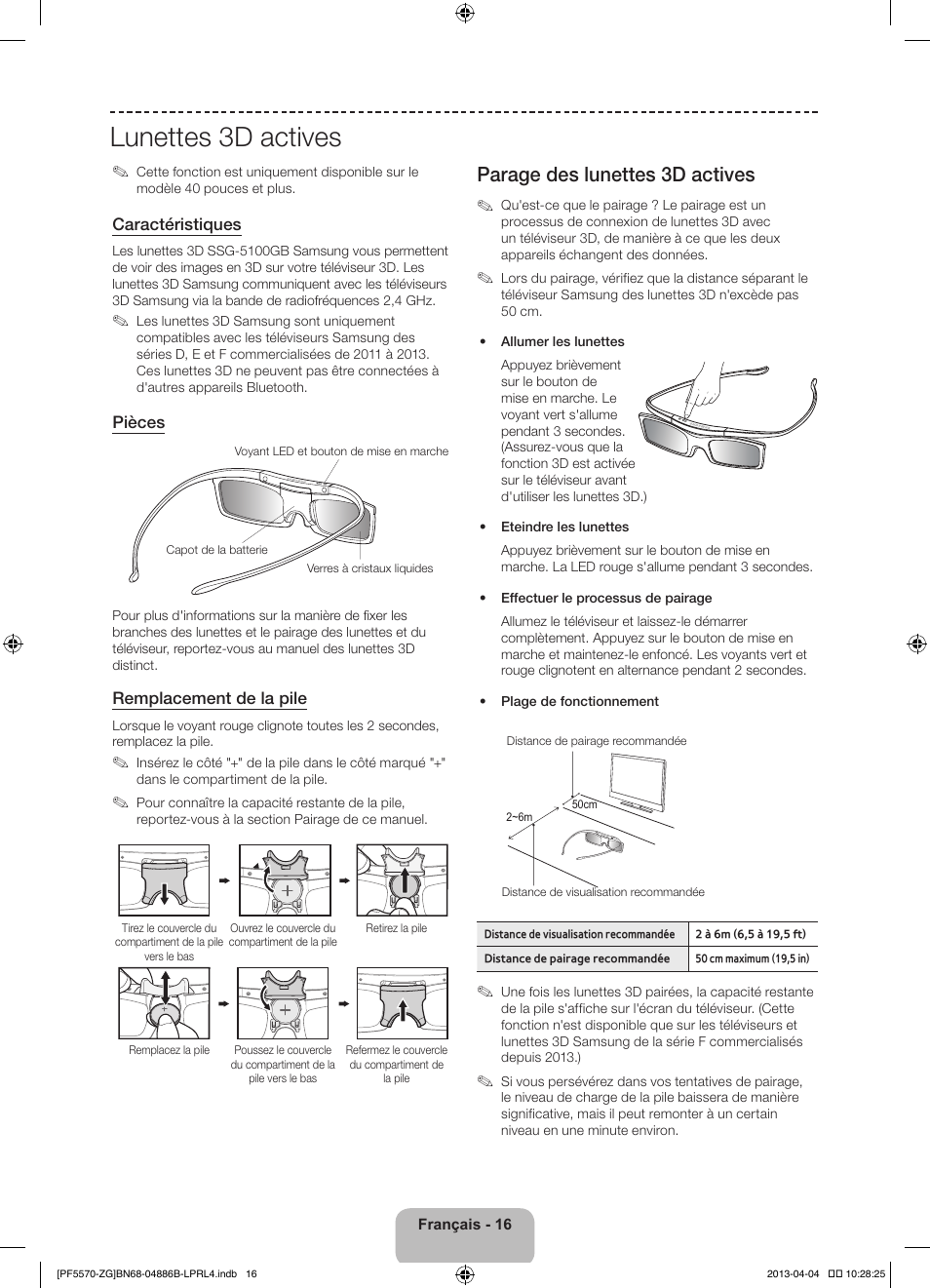 Lunettes 3d actives, Parage des lunettes 3d actives | Samsung PS60F5570SS  User Manual | Page 40 / 97