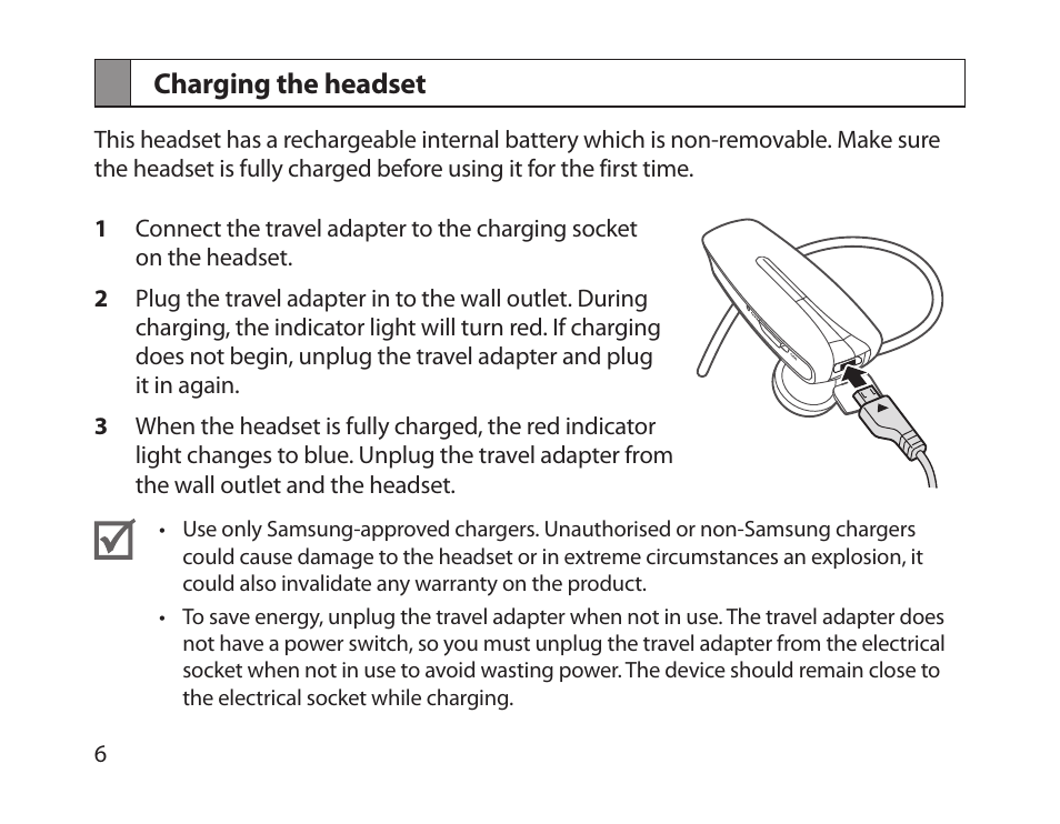Charging the headset | Samsung HM-1300 User Manual | Page 8 / 149
