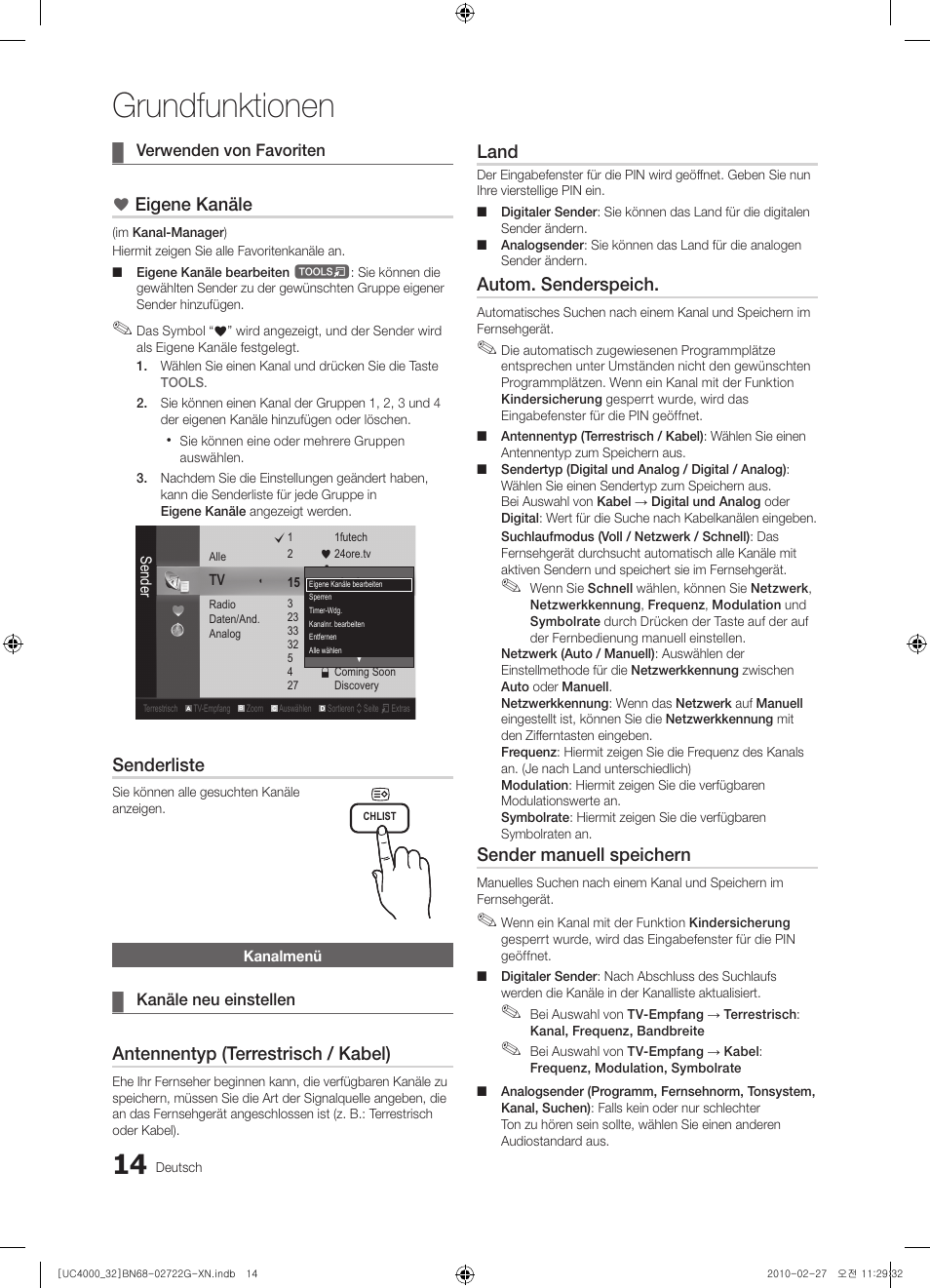 Grundfunktionen, Eigene kanäle, Senderliste | Samsung UE32C4000PW User  Manual | Page 102 / 177