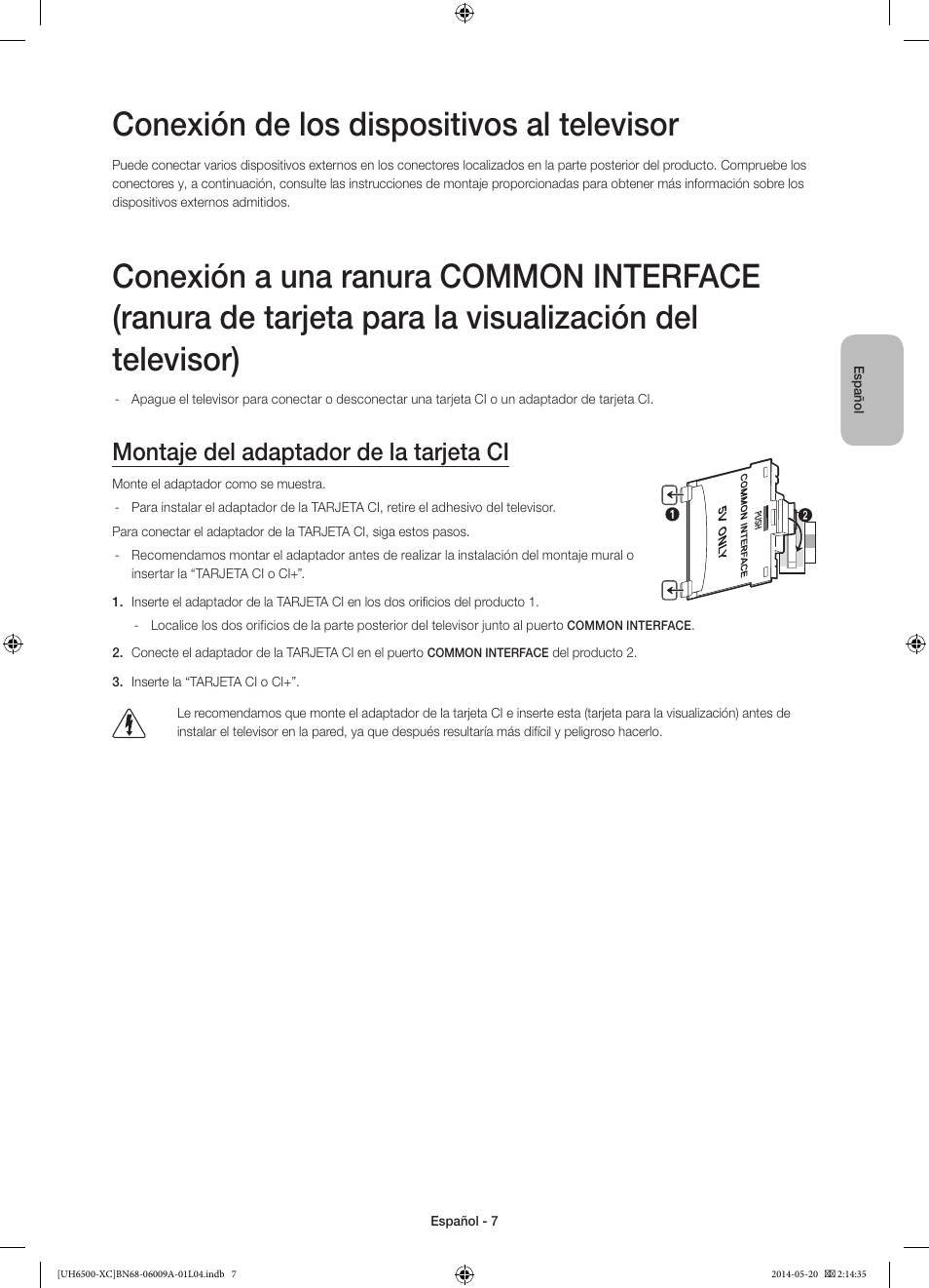 Conexión de los dispositivos al televisor, Montaje del adaptador de la tarjeta  ci | Samsung UE55H6500SL User Manual | Page 51 / 89 | Original mode