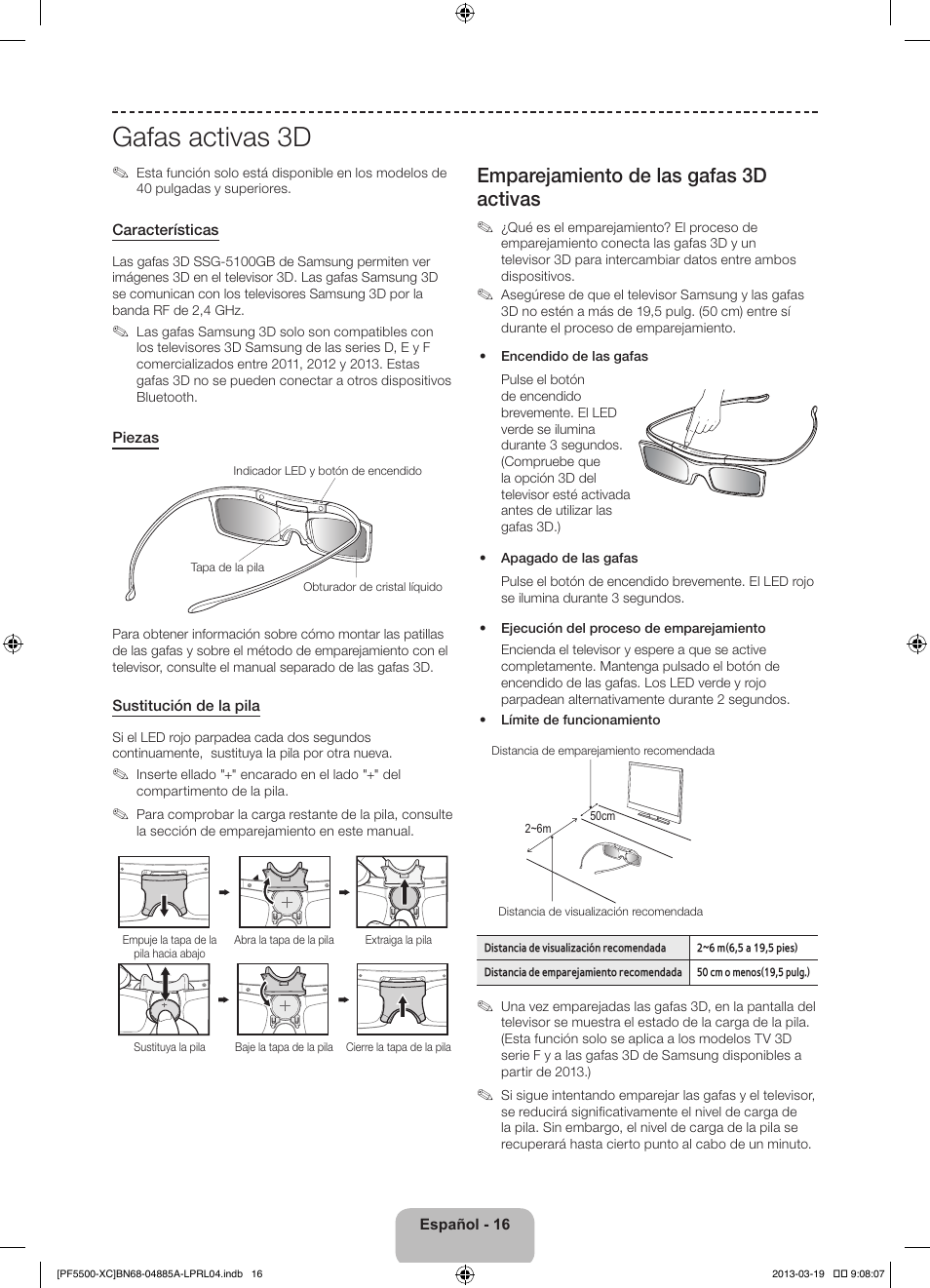Gafas activas 3d, Emparejamiento de las gafas 3d activas | Samsung  PS51F5500AW User Manual | Page 64 / 97