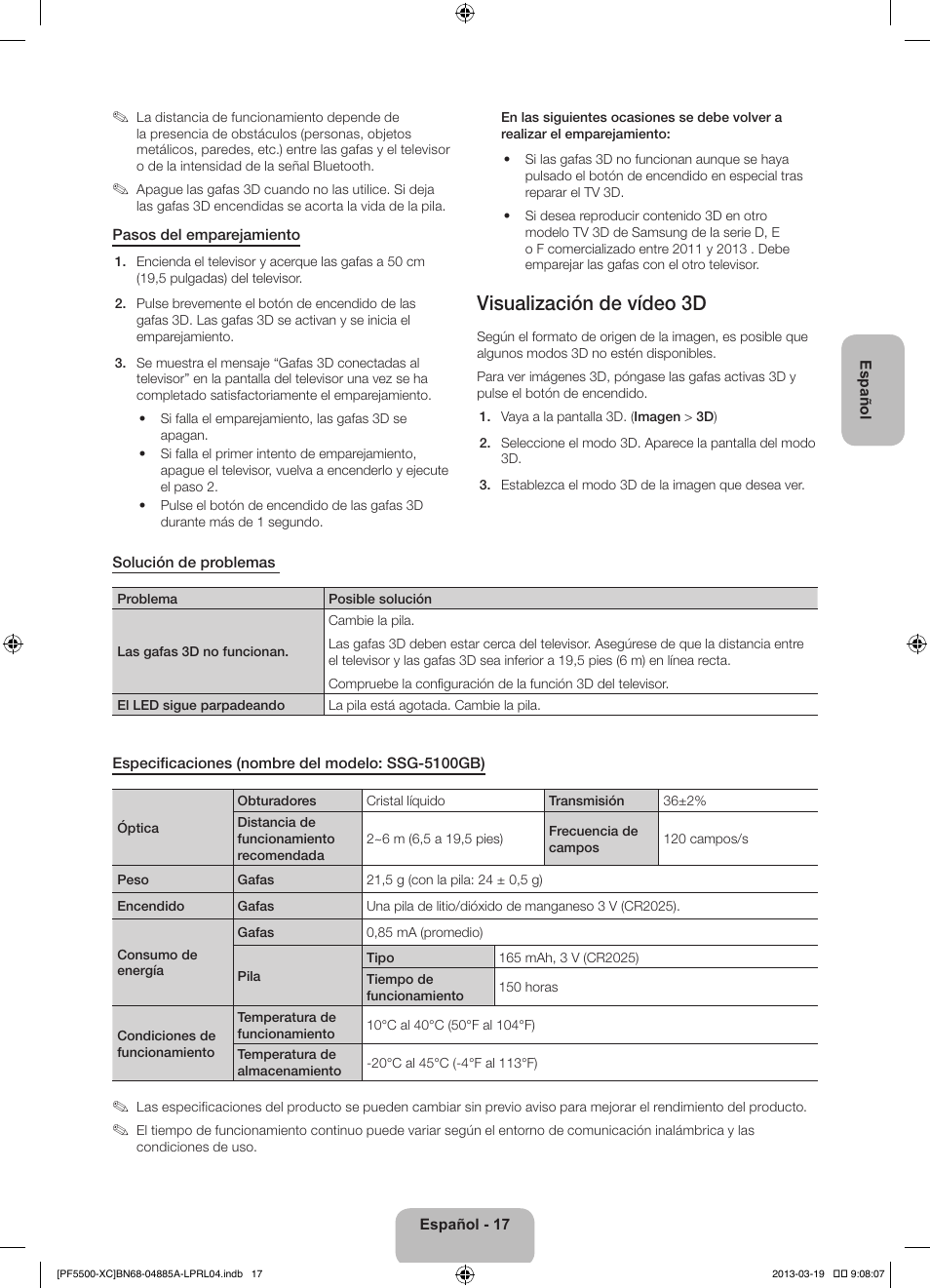 Visualización de vídeo 3d | Samsung PS51F5500AW User Manual | Page 65 / 97