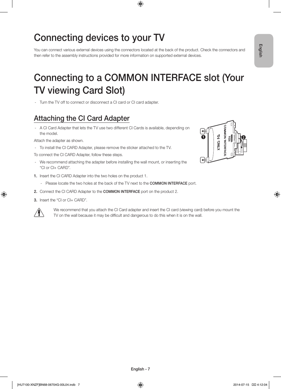 Connecting devices to your tv, Attaching the ci card adapter | Samsung  UE55HU7100S User Manual | Page 7 / 82