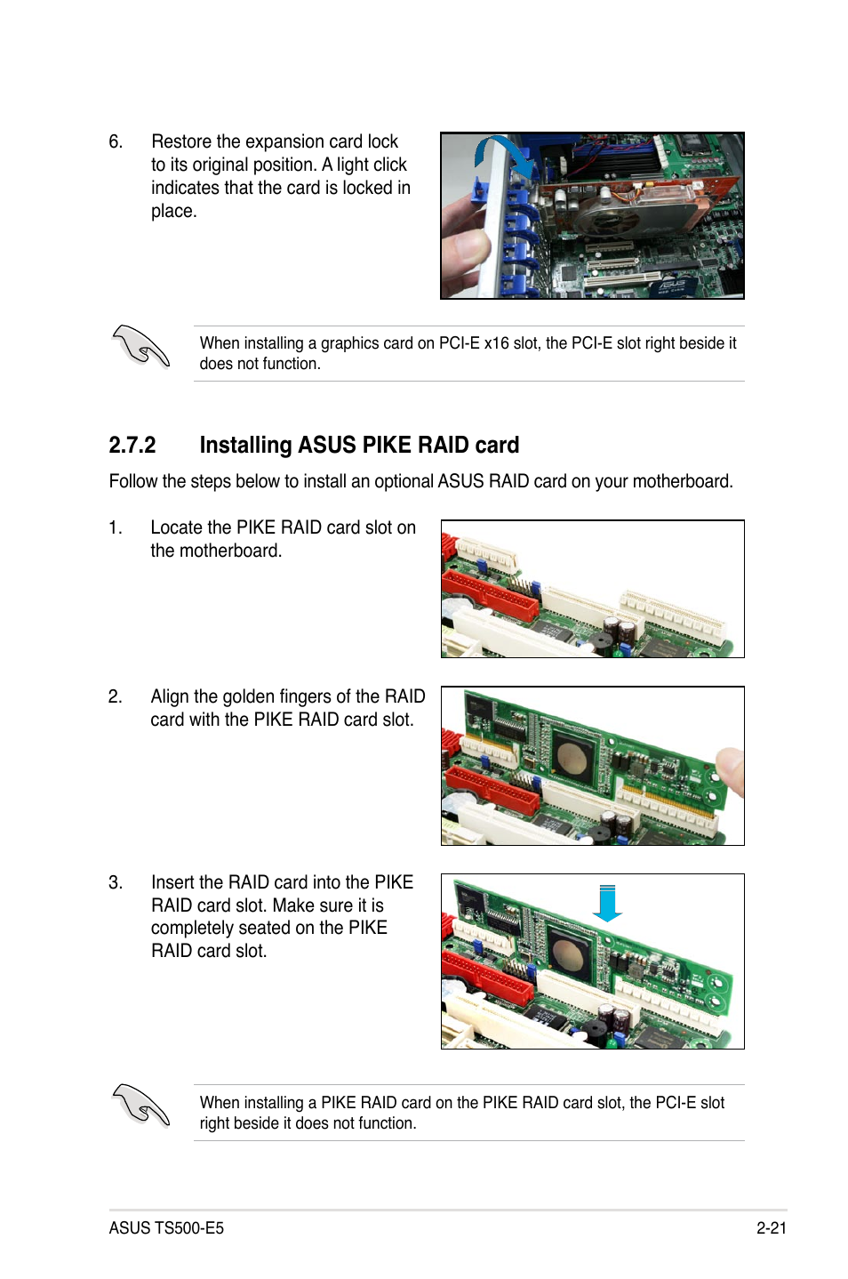 2 installing asus pike raid card, Installing asus pike raid card -21 | Asus  Pedestal/5U Rackmount Server TS500-E5 User Manual | Page 41 / 164 |  Original mode