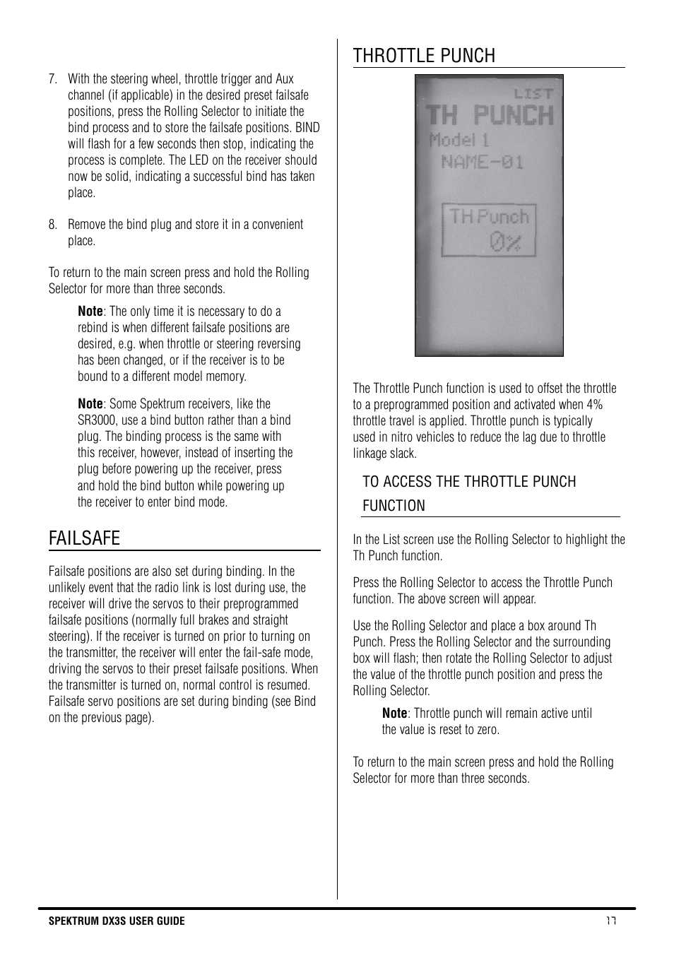 Failsafe, Throttle punch | Spektrum SPM3130 DX3S Manual User Manual | Page  17 / 30