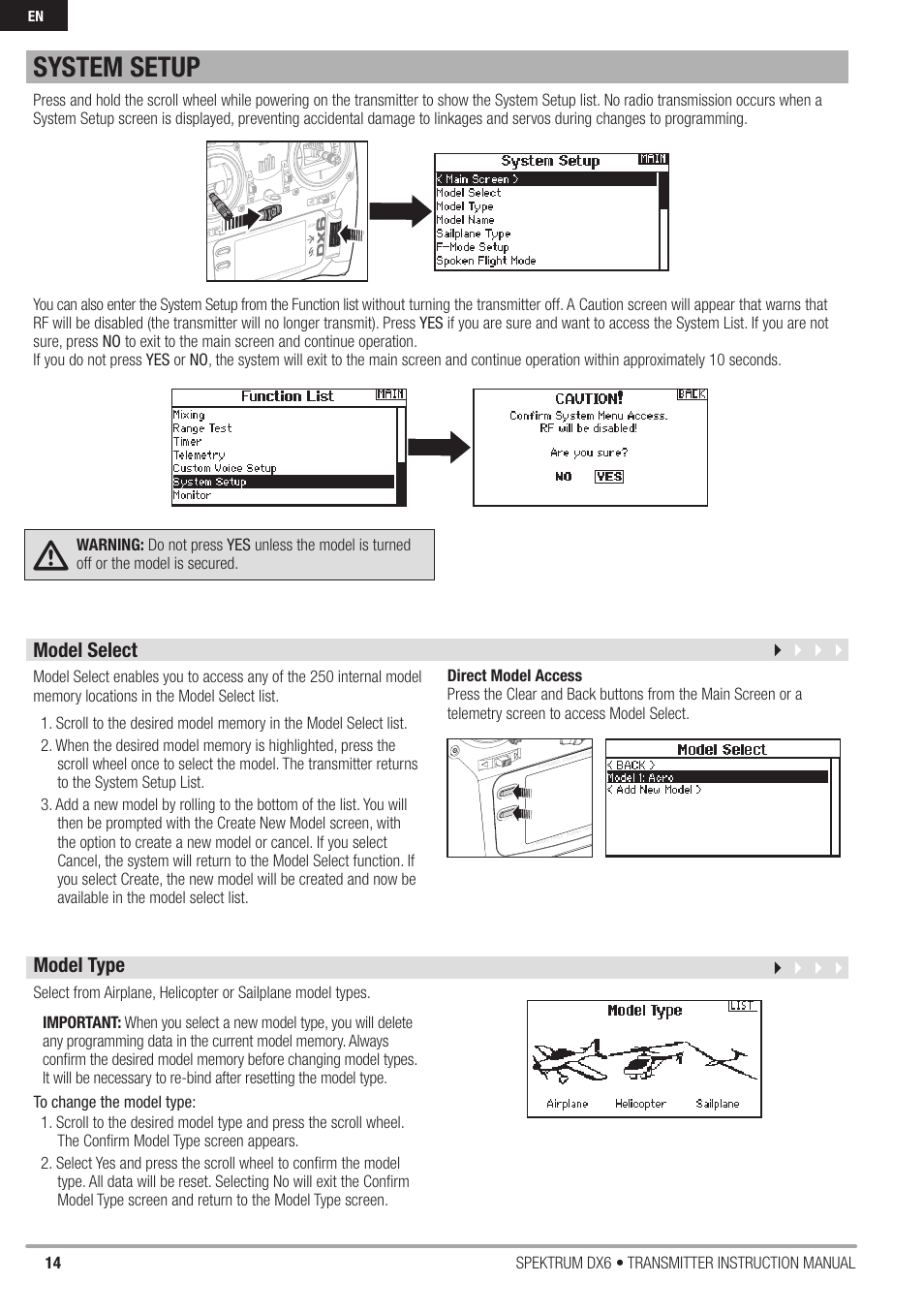 System setup, Model select, Model type | Spektrum DX6 User Manual | Page 14  / 48 | Original mode