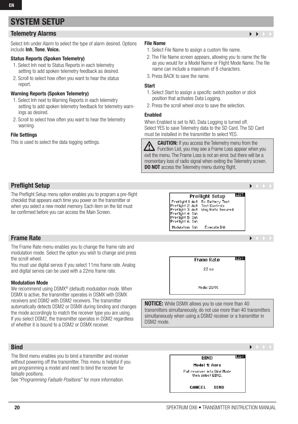 System setup | Spektrum DX6 User Manual | Page 20 / 48 | Original mode