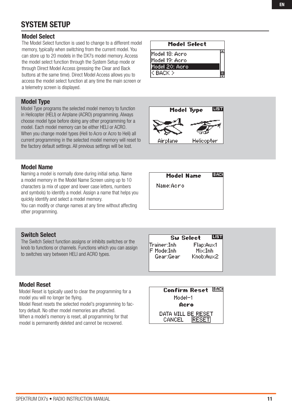 System setup | Spektrum SPM7800 DX7S User Manual | Page 11 / 32 | Original  mode