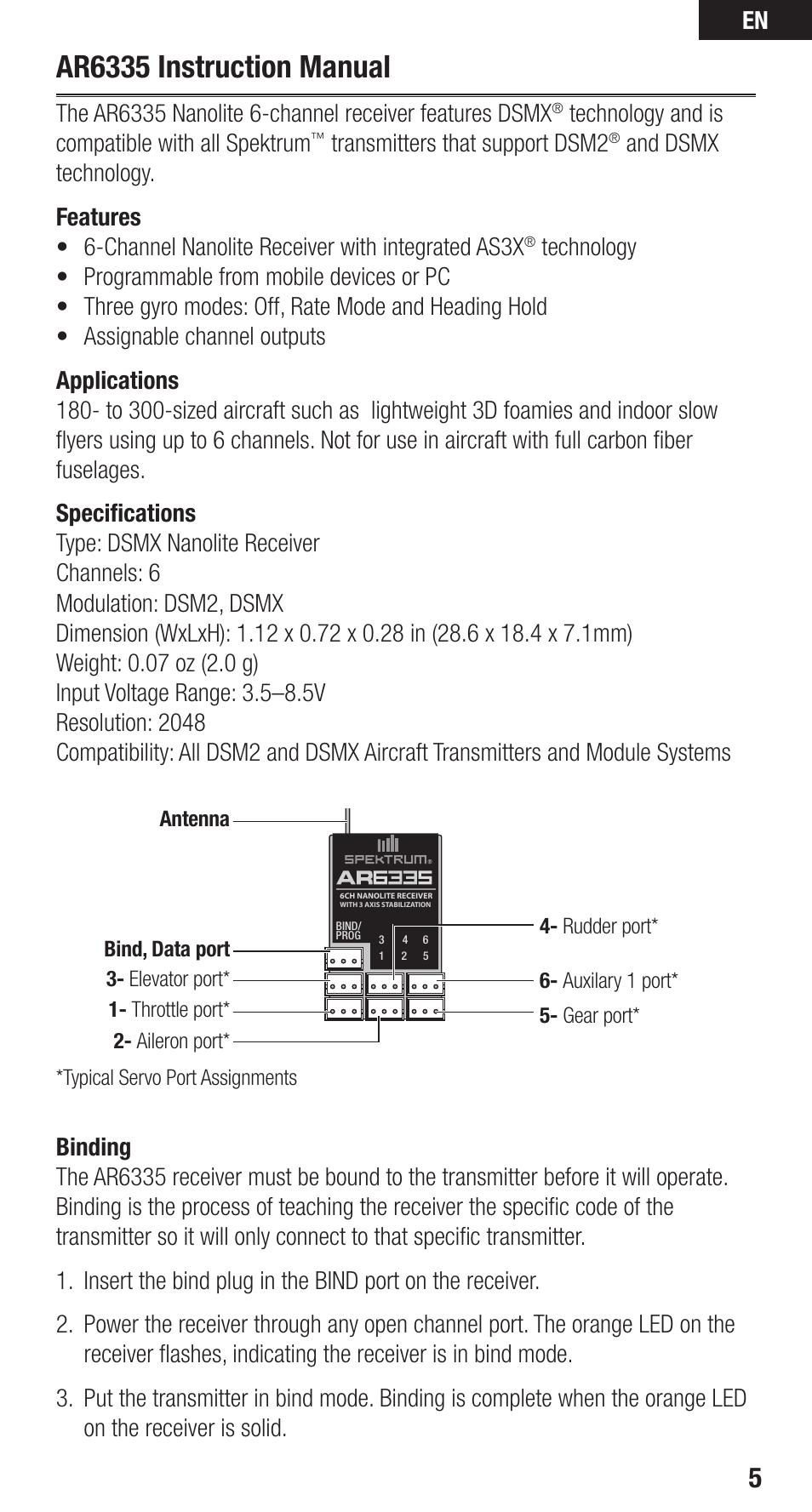 Ar6335 instruction manual, Technology and is compatible with all spektrum,  Transmitters that support dsm2 | Spektrum SPMAR6335 User Manual | Page 5 /  14