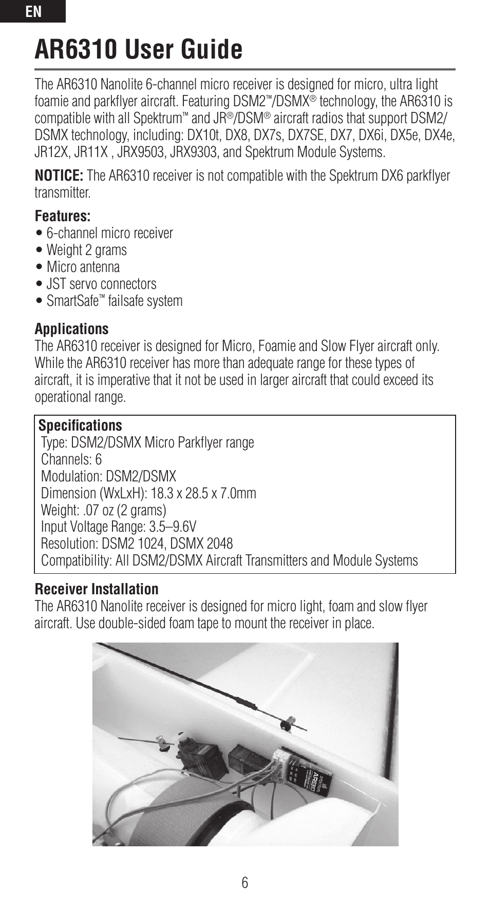Ar6310 user guide | Spektrum SPMAR6310 User Manual | Page 6 / 60