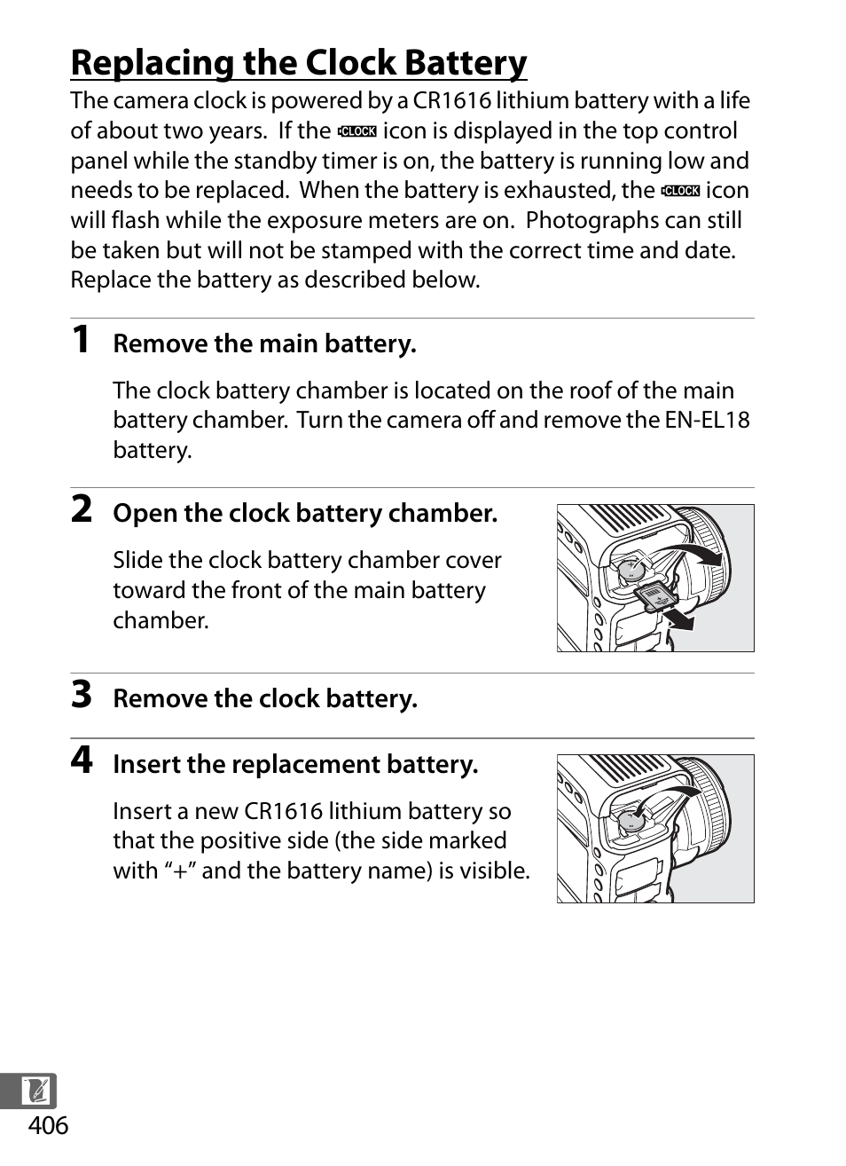 Replacing the clock battery | Nikon D4 User Manual | Page 432 / 484 |  Original mode