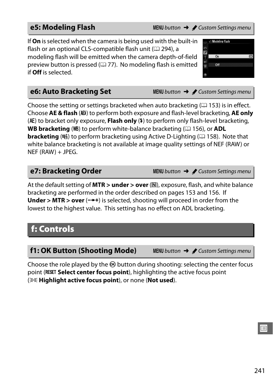 E5: modeling flash, E6: auto bracketing set, E7: bracketing order | Nikon  D610 User Manual | Page 267 / 368
