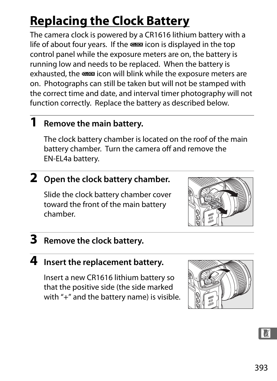 Replacing the clock battery | Nikon D3 User Manual | Page 419 / 472
