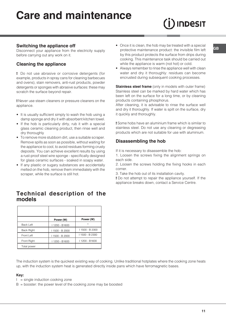 Care and maintenance, Technical description of the models, Switching the  appliance off | Indesit VIB-644-C-E User Manual | Page 11 / 84