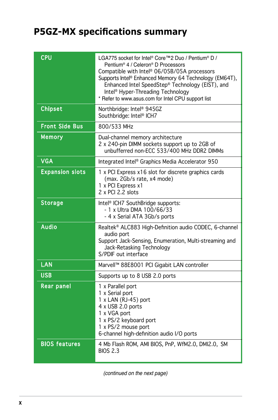 P5gz-mx specifications summary | Asus Motherboard P5GZ-MX User Manual |  Page 10 / 94