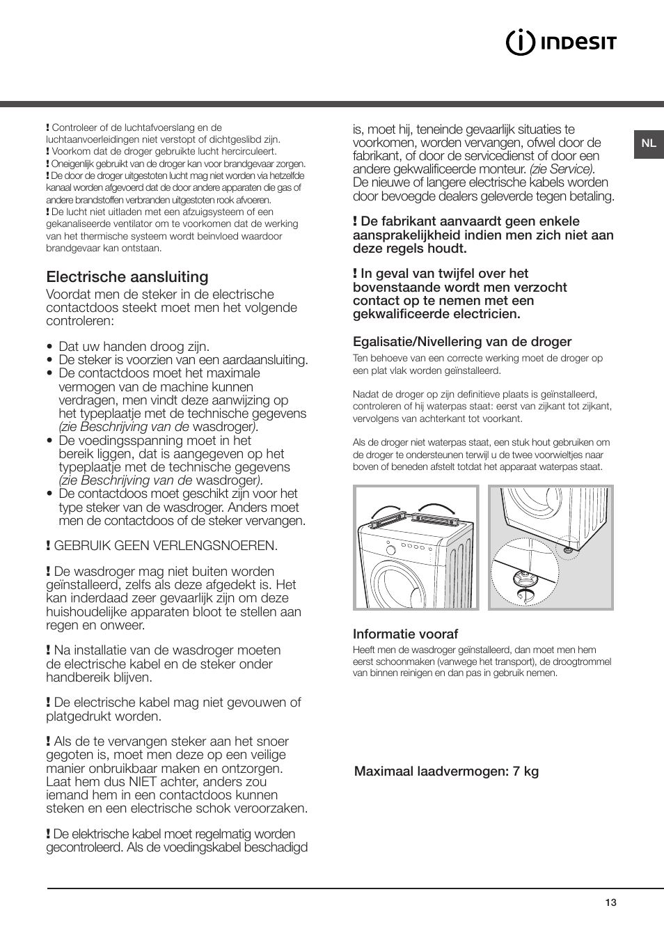 Installatie, Waar men de wasdroger moet installeren, Electrische  aansluiting | Indesit IDV-75-(EU) User Manual | Page 13 / 70 | Original mode