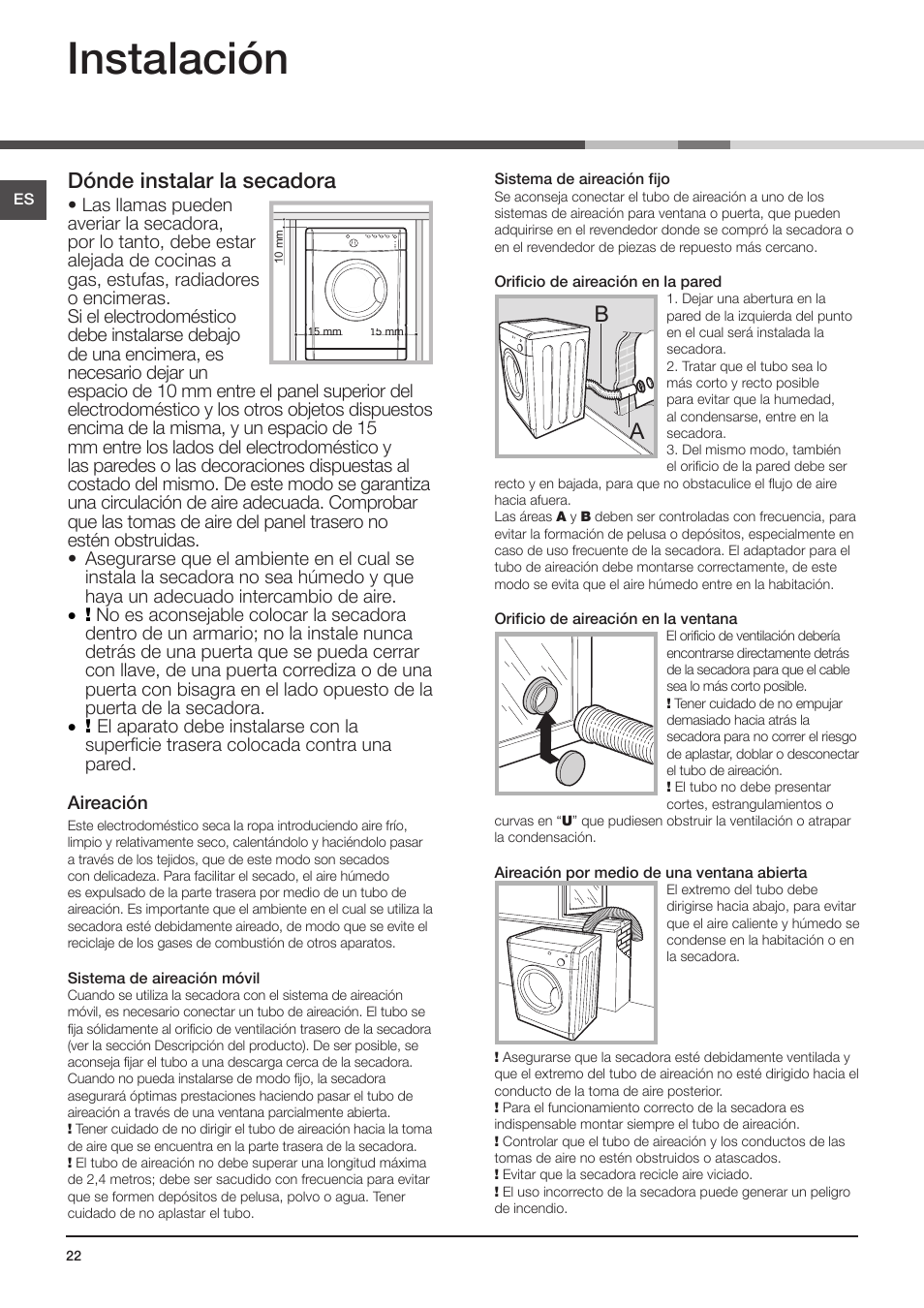 Instalación, Dónde instalar la secadora, Conexión eléctrica | Indesit IDV-75-(EU)  User Manual | Page 22 / 70 | Original mode
