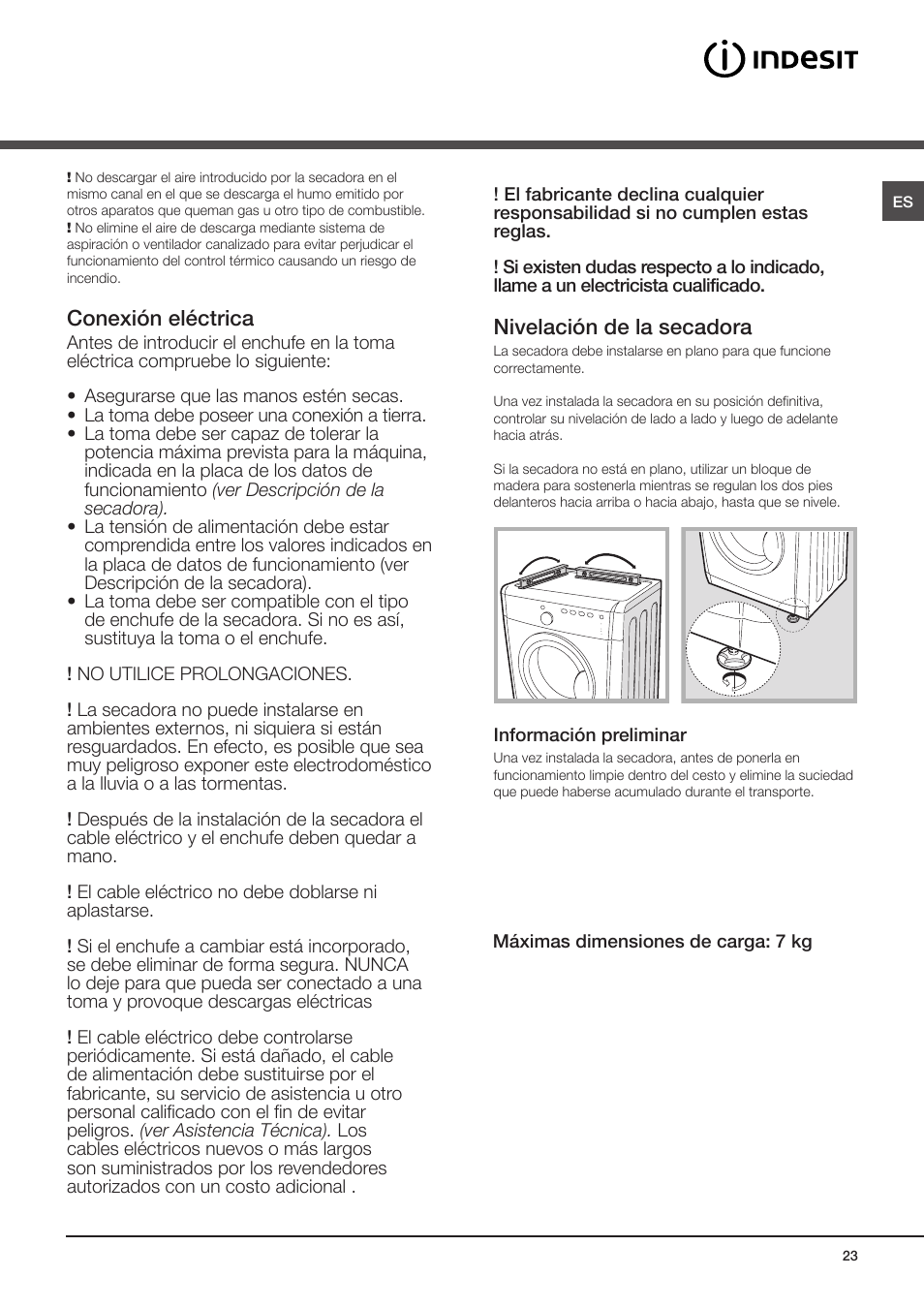 Instalación, Dónde instalar la secadora, Conexión eléctrica | Indesit IDV-75 -(EU) User Manual | Page 23 / 70 | Original mode