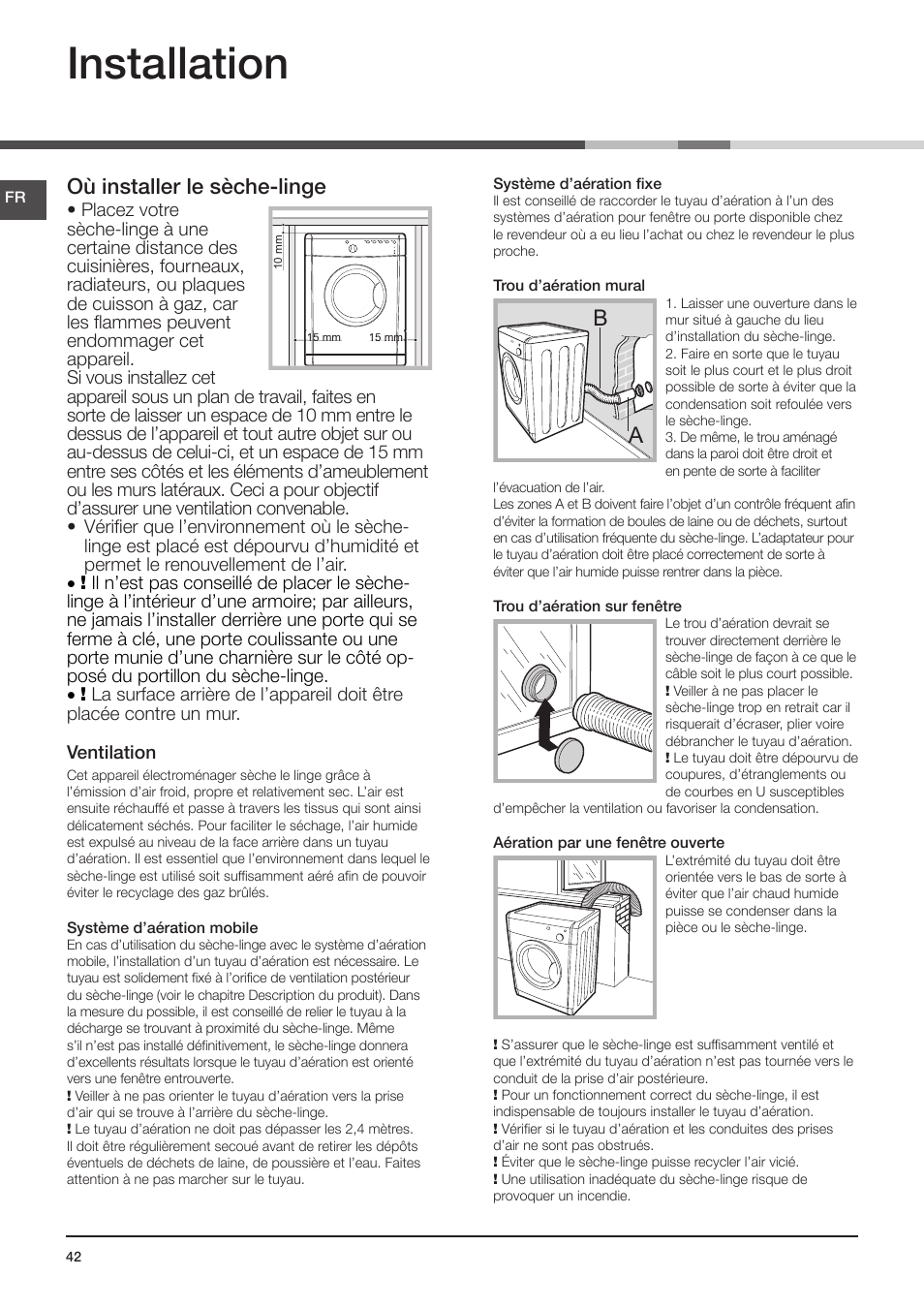 Installation, Où installer le sèche-linge, Raccordement électrique |  Indesit IDV-75-(EU) User Manual | Page 42 / 70 | Original mode