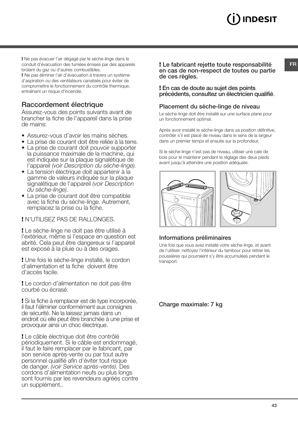 Installation, Où installer le sèche-linge, Raccordement électrique | Indesit  IDV-75-(EU) User Manual | Page 43 / 70 | Original mode
