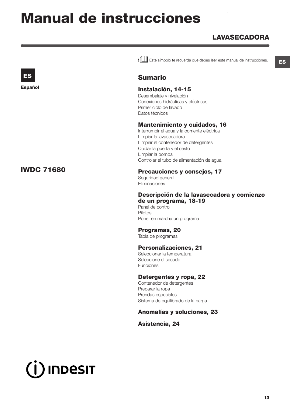 Manual de instrucciones, Sumario, Lavasecadora | Indesit IWDC-71680-ECO-(EU)  User Manual | Page 13 / 84