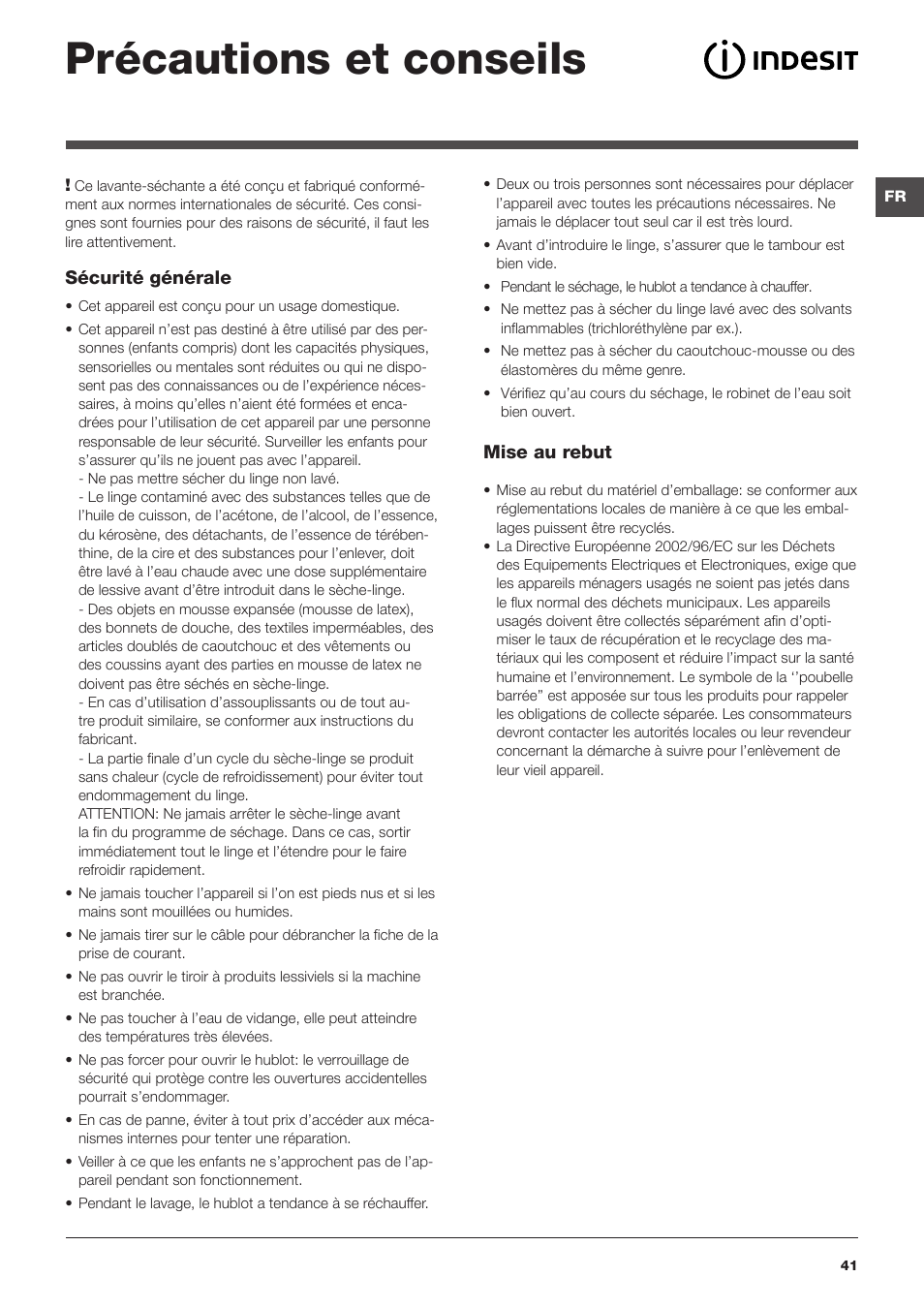 Précautions et conseils | Indesit IWDC-71680-ECO-(EU) User Manual | Page 41  / 84