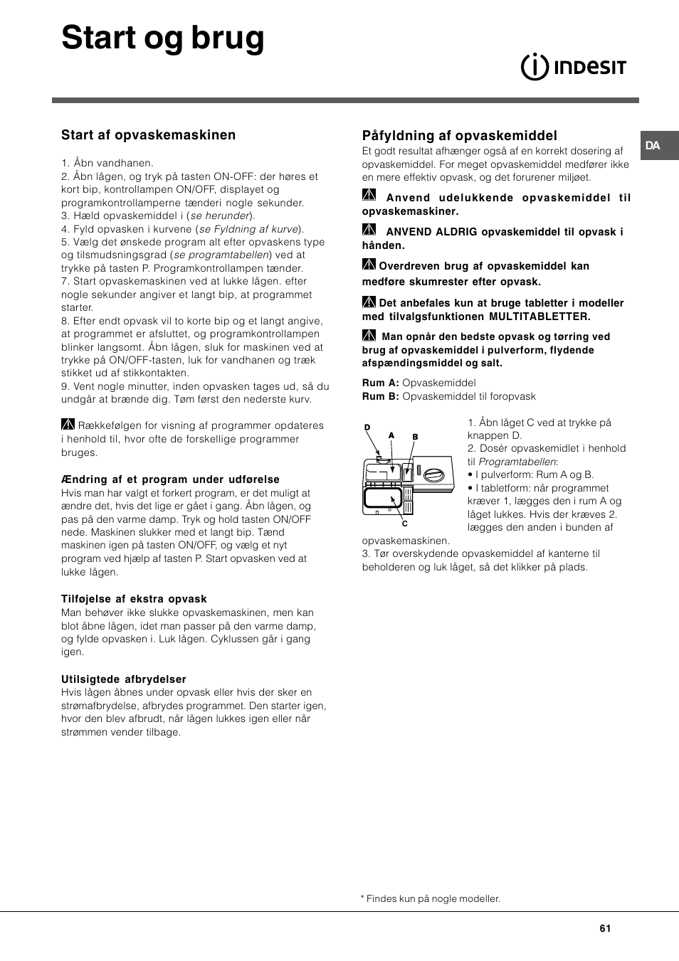 Start og brug, Påfyldning af opvaskemiddel, Start af opvaskemaskinen |  Indesit DIF-26-A User Manual | Page 61 / 80