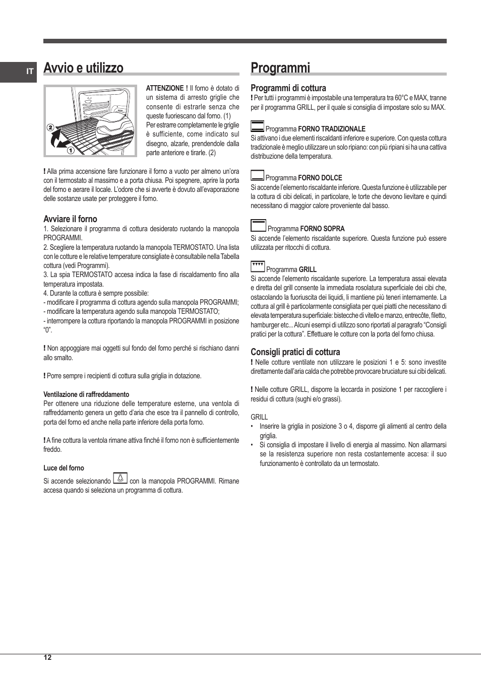 Avvio e utilizzo, Programmi, Avviare il forno | Indesit FIM-20-K.A-IX-S  User Manual | Page 12 / 48 | Original mode