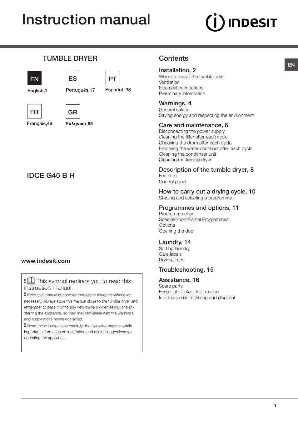 Indesit IDCE-G45-B-H-(EU) User Manual | 80 pages