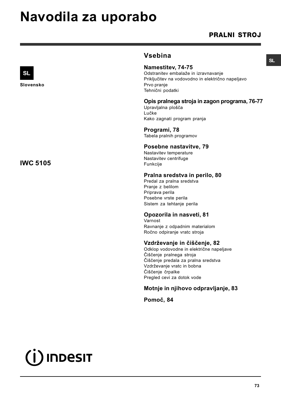 Navodila za uporabo, Vsebina, Iwc 5105 | Indesit IWC-5105-(EU) User Manual  | Page 73 / 84 | Original mode
