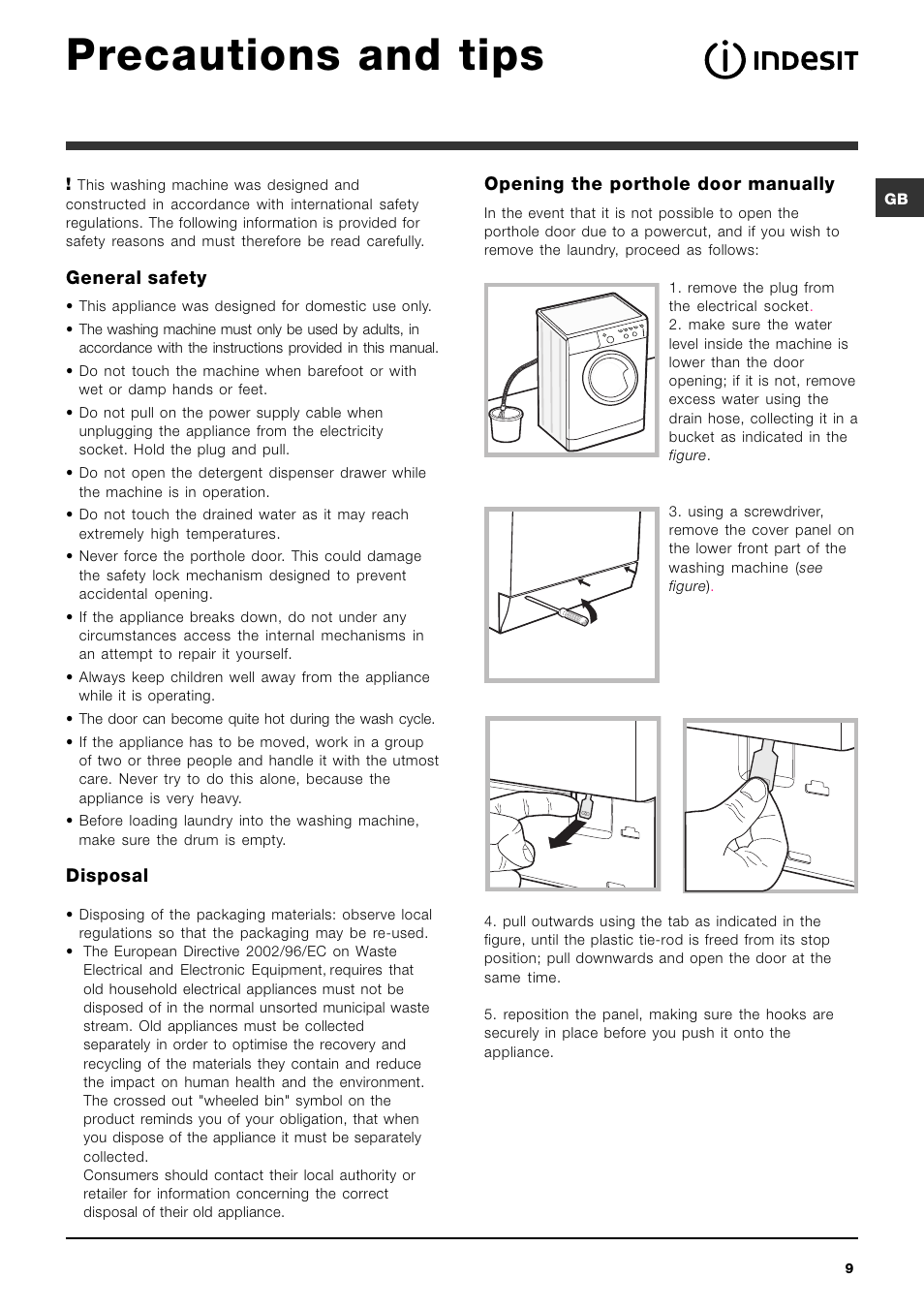 Precautions and tips, General safety, Disposal | Indesit IWC-5105-(EU) User  Manual | Page 9 / 84 | Original mode