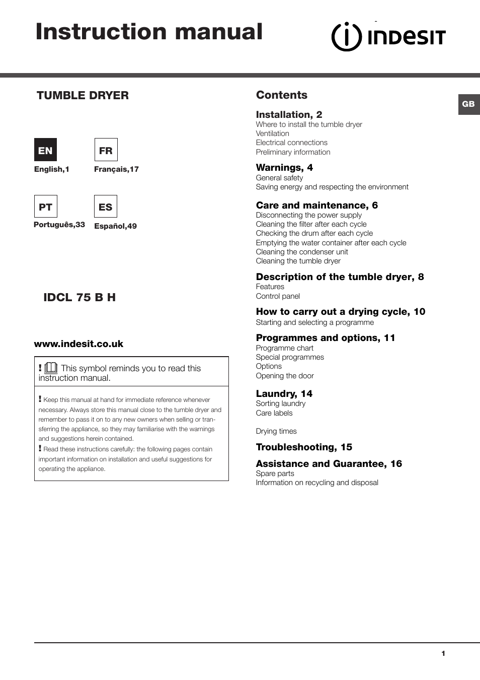 Indesit IDCL-75-B-H-(EU) User Manual | 64 pages