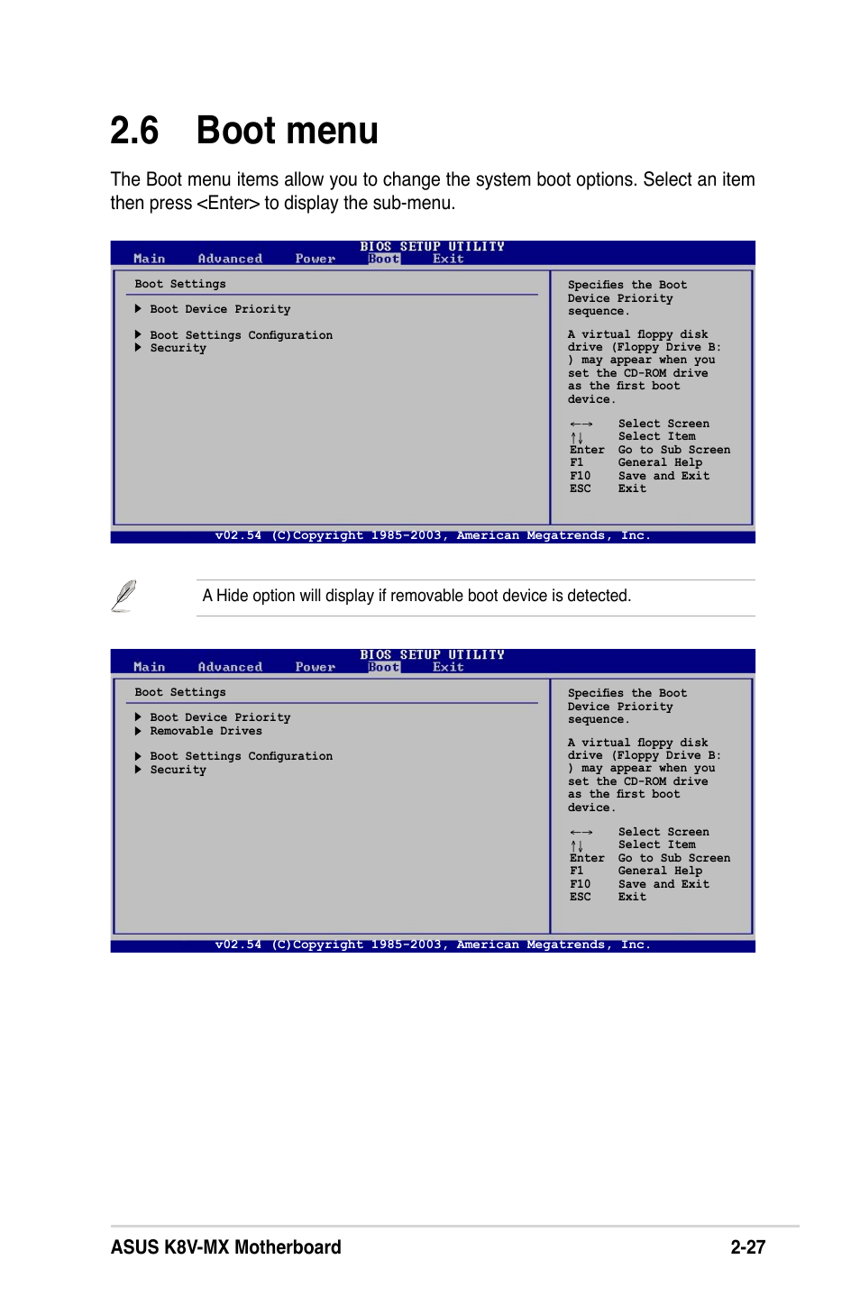 6 boot menu, Asus k8v-mx motherboard 2-27 | Asus K8V-MX User Manual | Page  63 / 72