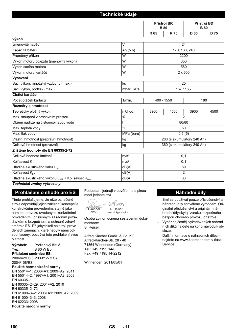 Technické údaje, Prohlášení o shodě pro es, Náhradní díly | Karcher B 80 W  User Manual | Page 160 / 310 | Original mode