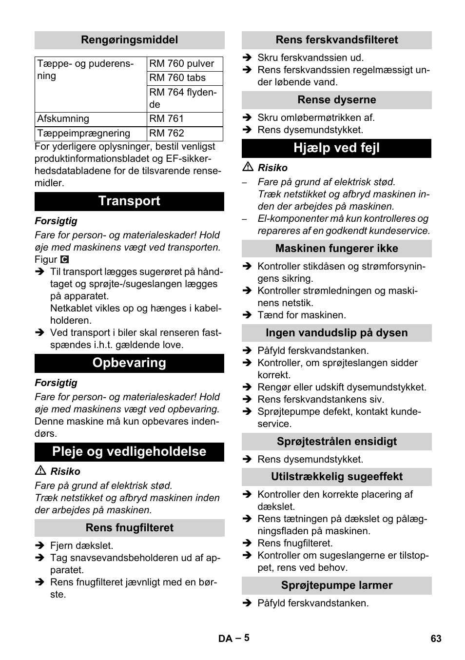 Rengøringsmiddel, Transport, Opbevaring | Karcher PUZZI 10-1 User Manual |  Page 63 / 216