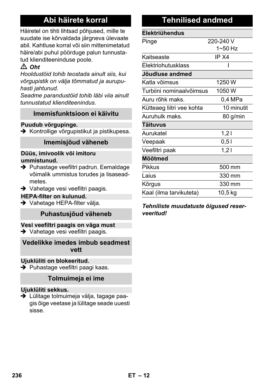 Abi häirete korral, Tehnilised andmed | Karcher SV 1902 User Manual | Page  236 / 284 | Original mode