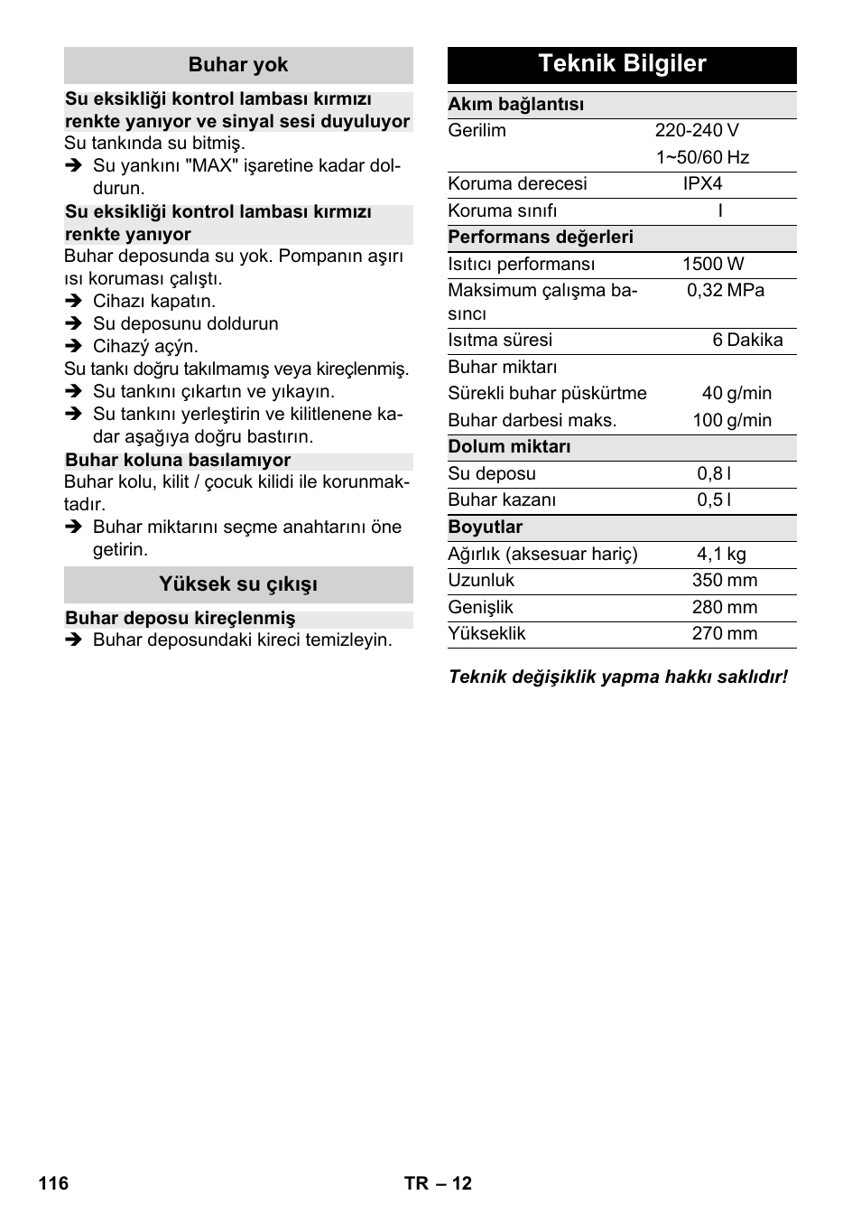 Teknik bilgiler | Karcher SC 2-500 C User Manual | Page 116 / 254 |  Original mode