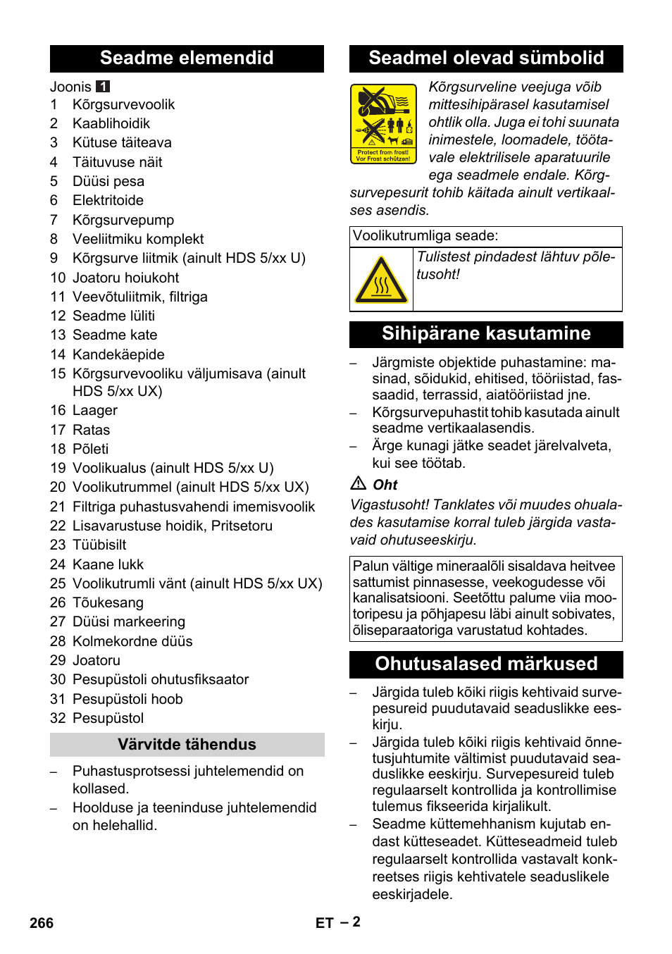 Seadme elemendid, Seadmel olevad sümbolid, Sihipärane kasutamine | Karcher  HDS 5-11 UX User Manual | Page 266 / 312