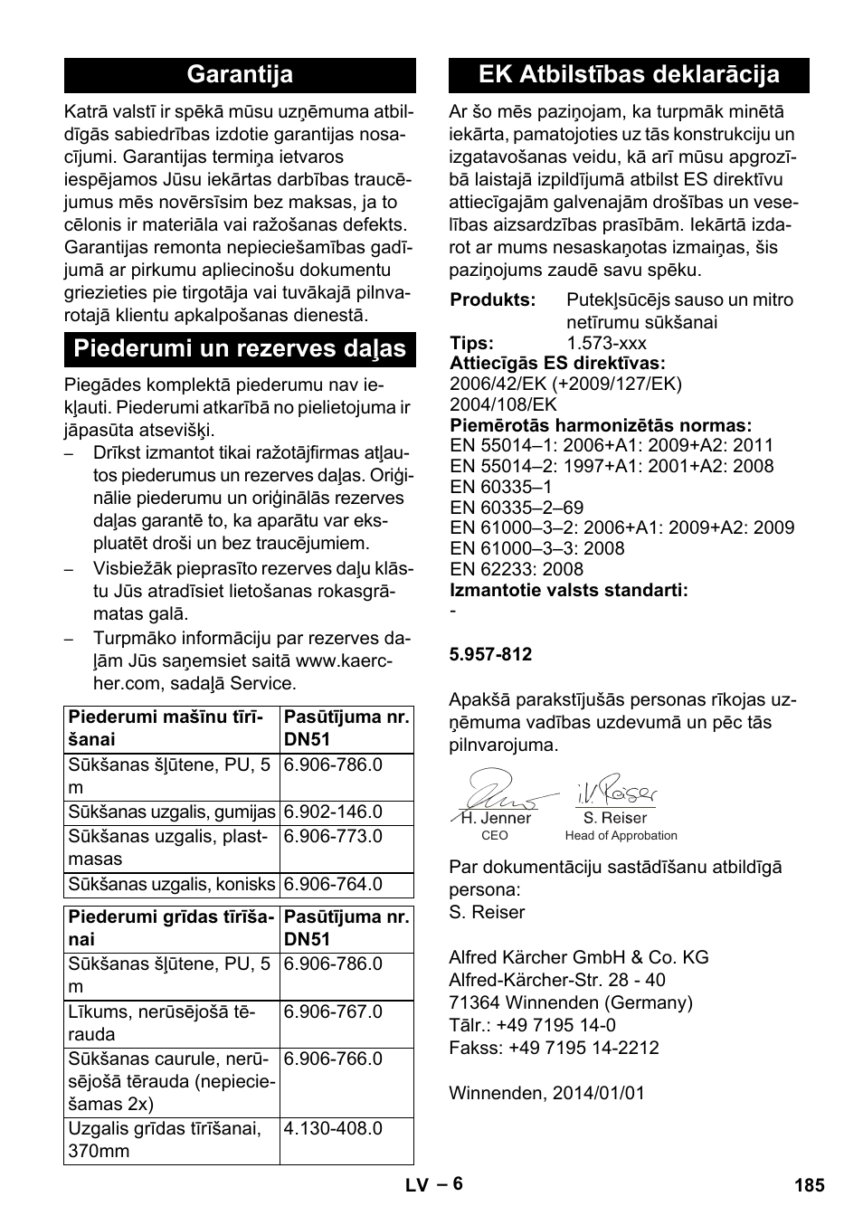 Garantija, Piederumi un rezerves daļas, Ek atbilstības deklarācija | Karcher  IVL 120-27-1 User Manual | Page 185 / 204 | Original mode