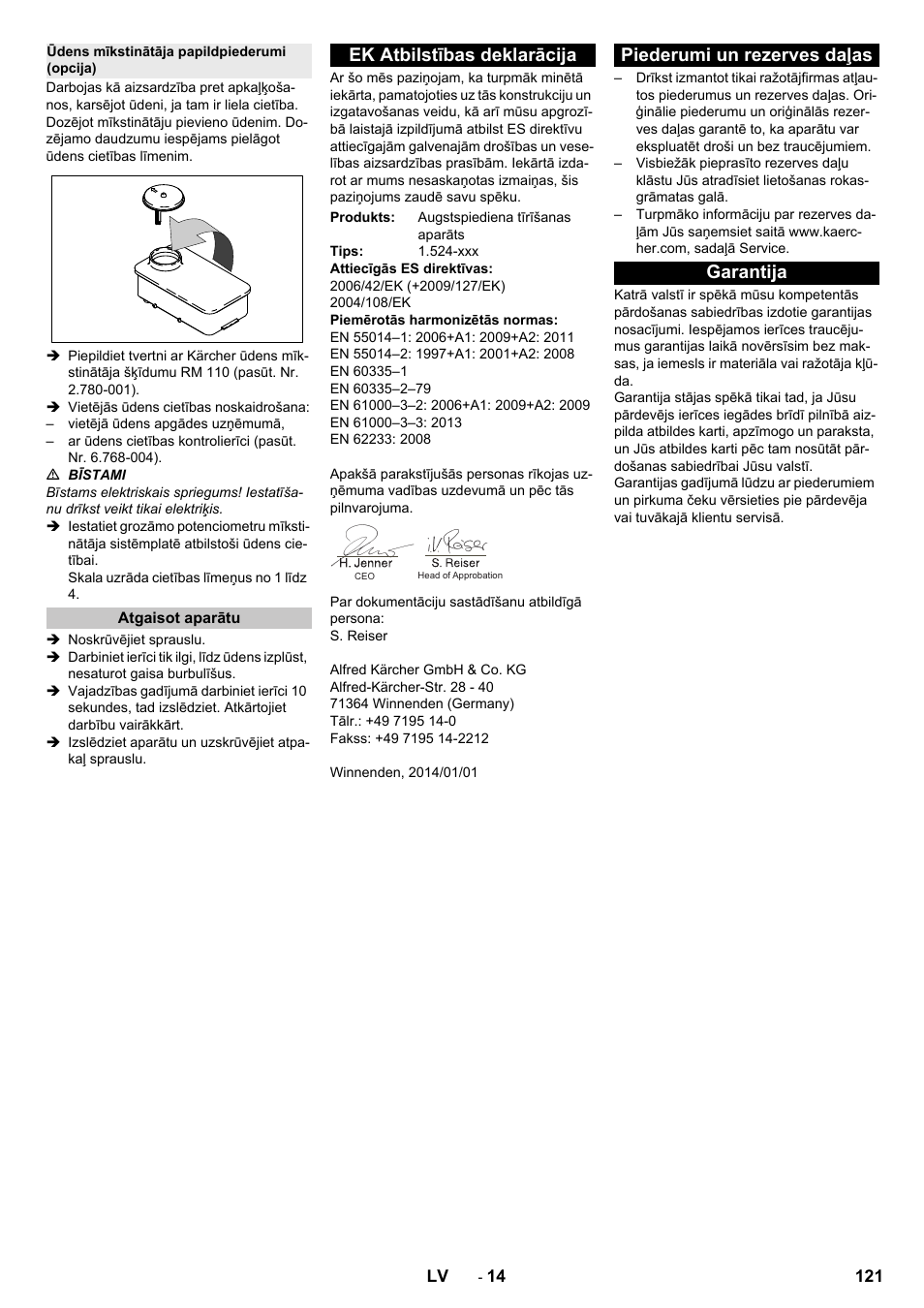 Ūdens mīkstinātāja papildpiederumi (opcija), Atgaisot aparātu, Ek  atbilstības deklarācija | Karcher HD 13-12-4 ST User Manual | Page 121 /  156 | Original mode
