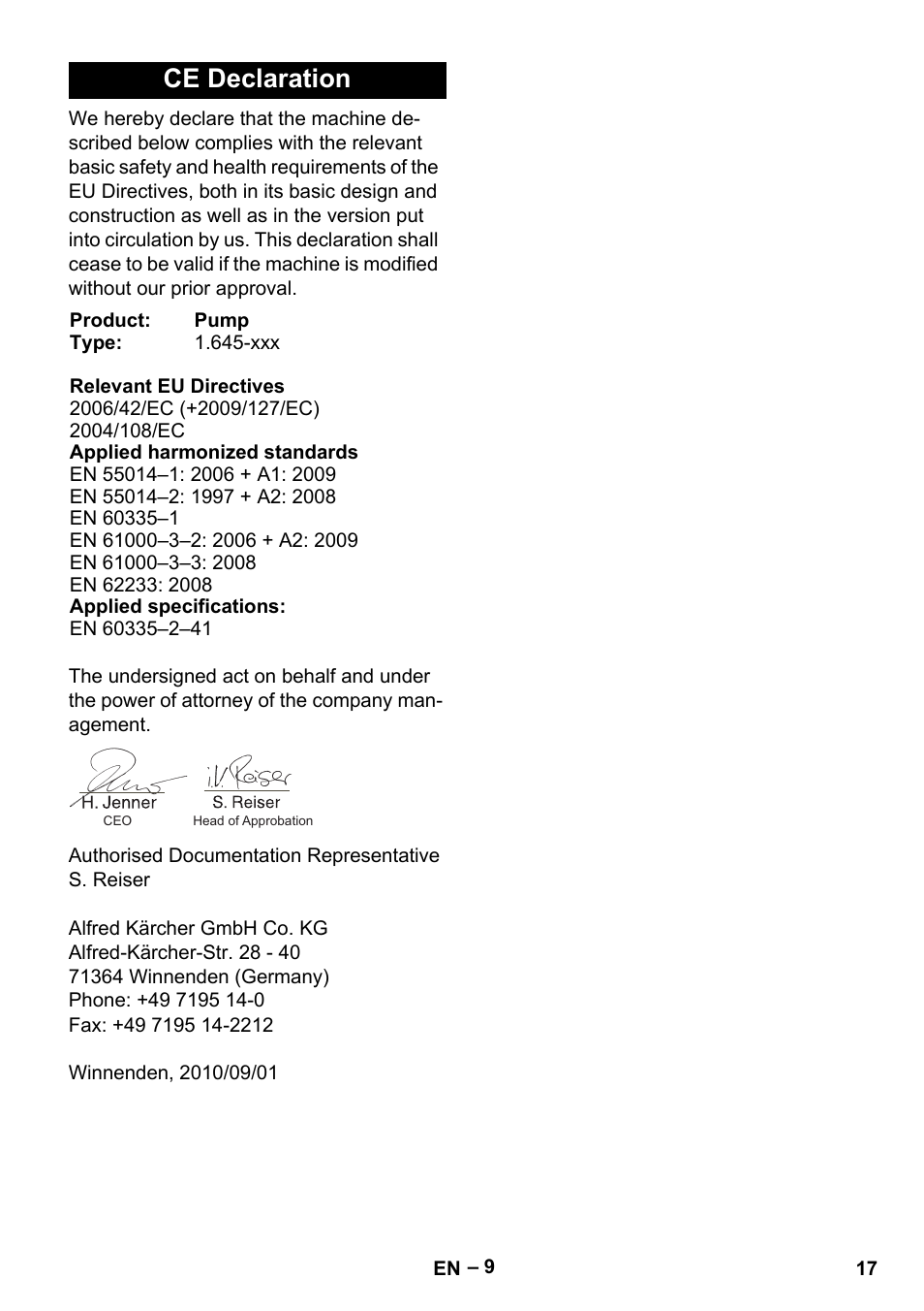 Ce declaration | Karcher SDP 9500 User Manual | Page 17 / 72 | Original mode