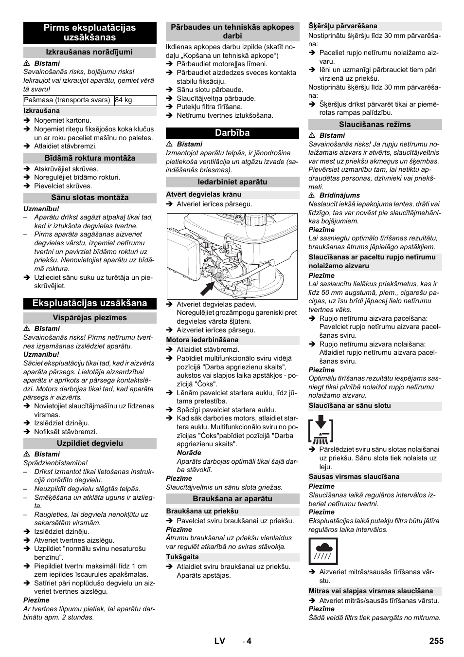Pirms ekspluatācijas uzsākšanas, Izkraušanas norādījumi, Izkraušana |  Karcher KM 75-40 W P User Manual | Page 255 / 284 | Original mode