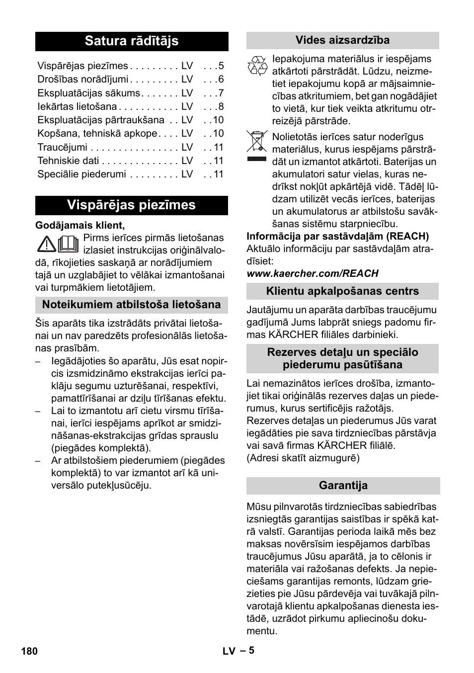 Latviešu, Satura rādītājs, Vispārējas piezīmes | Karcher SE 4001 User  Manual | Page 180 / 222 | Original mode